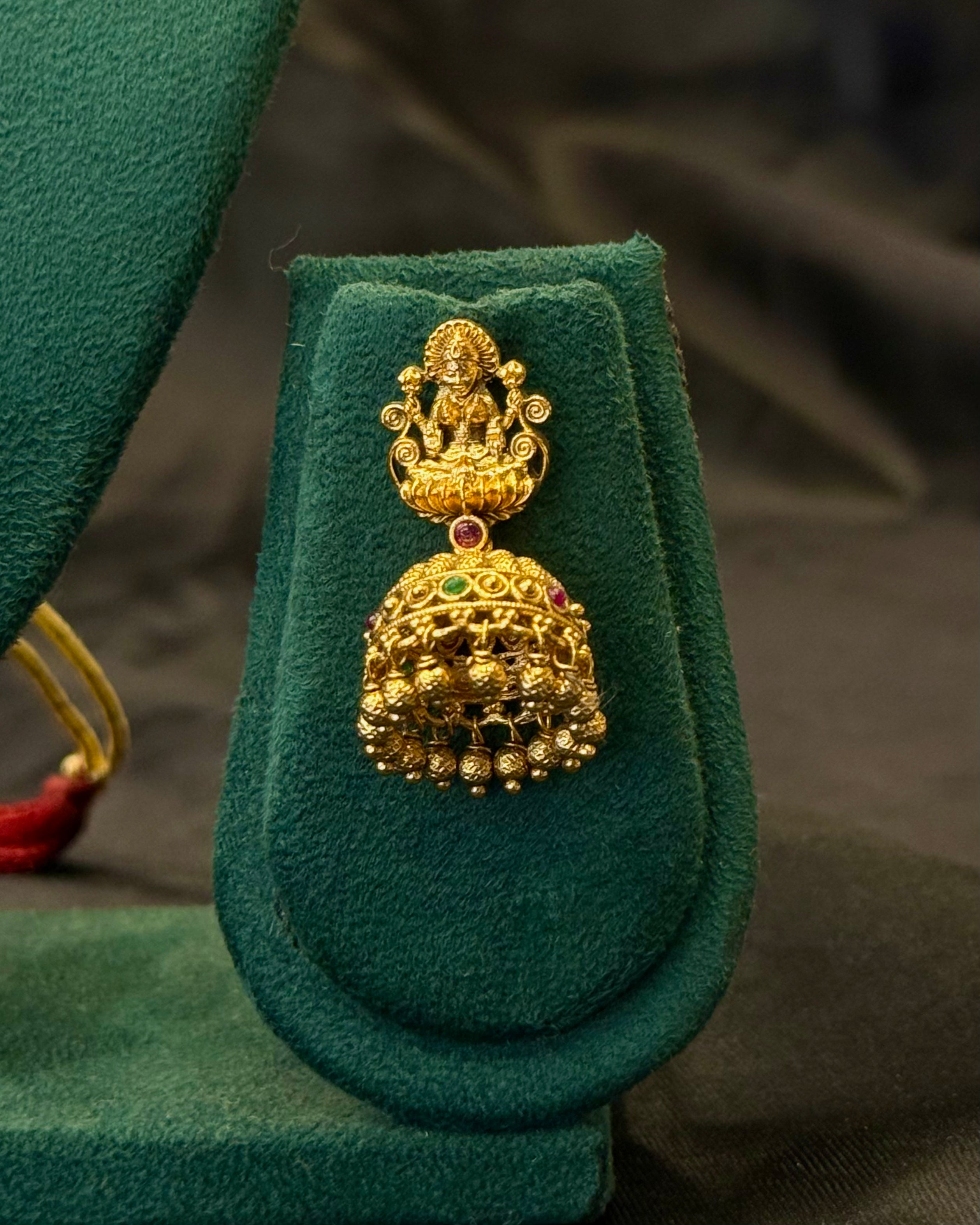 Antique Gold Plated Lakshmi Temple Necklace Set with Traditional Jhumka Earrings | L7857