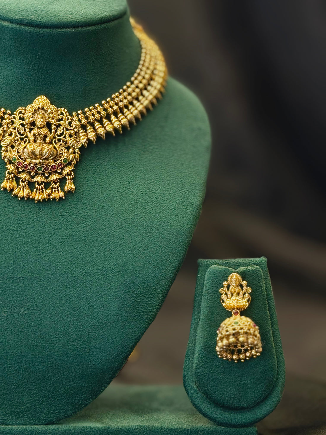 Antique Gold Plated Lakshmi Temple Necklace Set with Traditional Jhumka Earrings | L7857