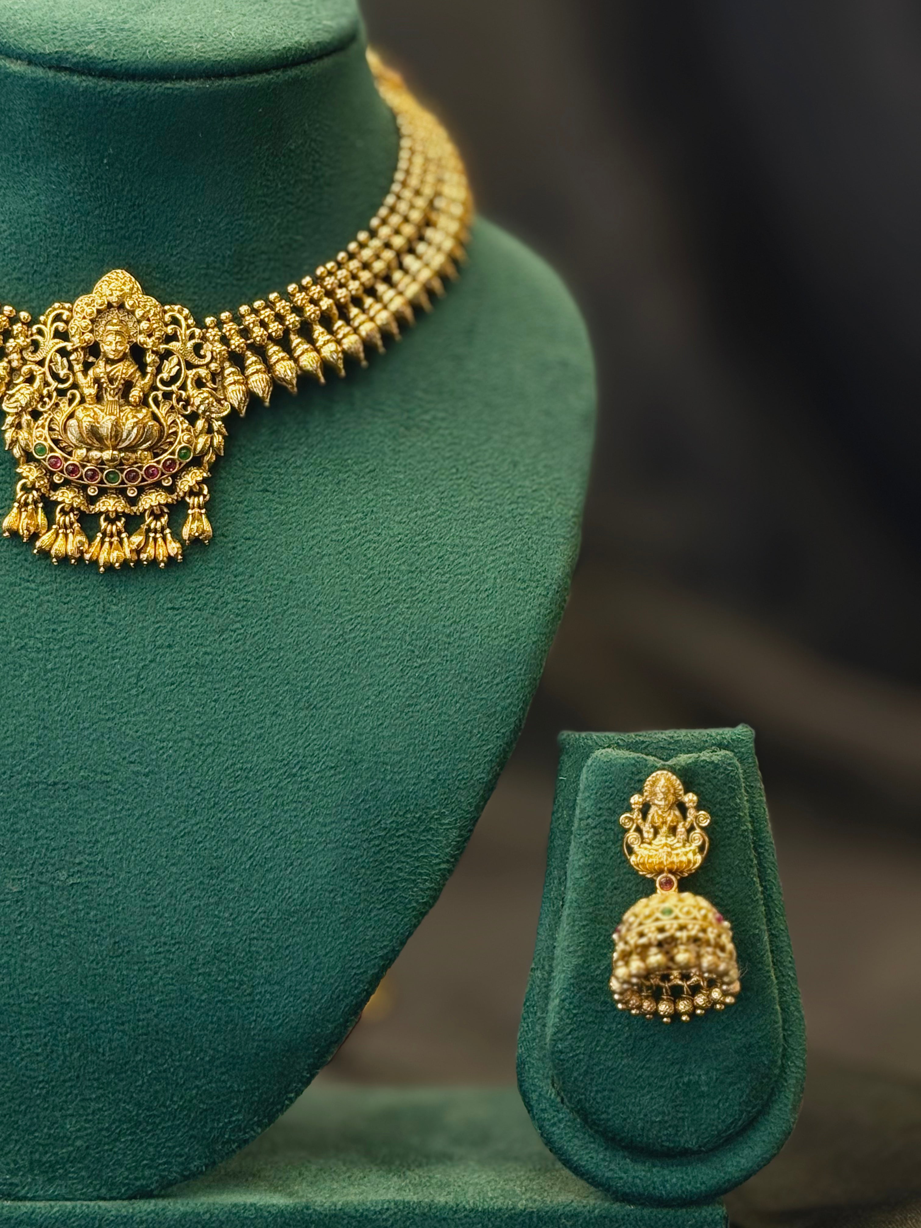Antique Gold Plated Lakshmi Temple Necklace Set with Traditional Jhumka Earrings | L7857