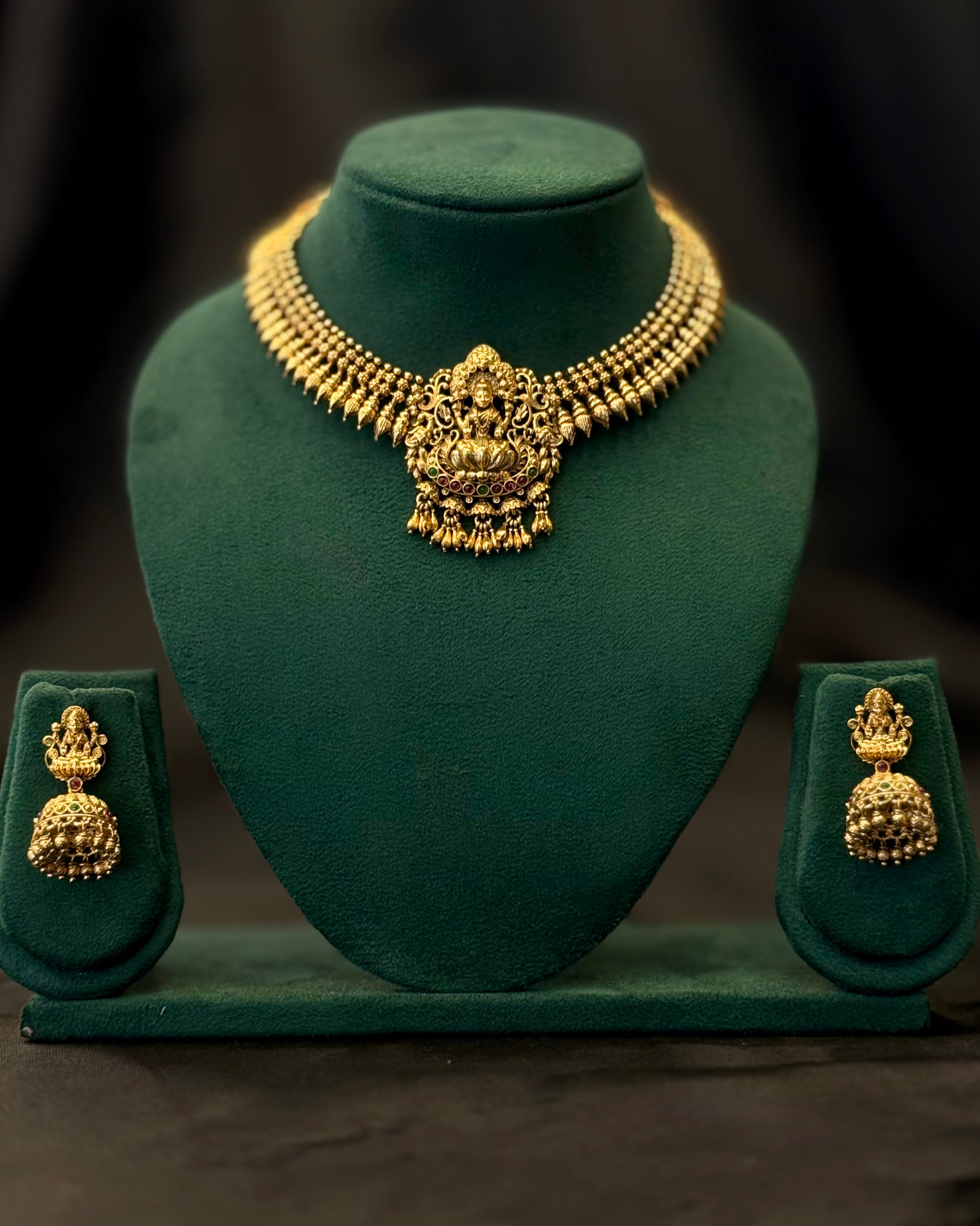 Antique Gold Plated Lakshmi Temple Necklace Set with Traditional Jhumka Earrings | L7857