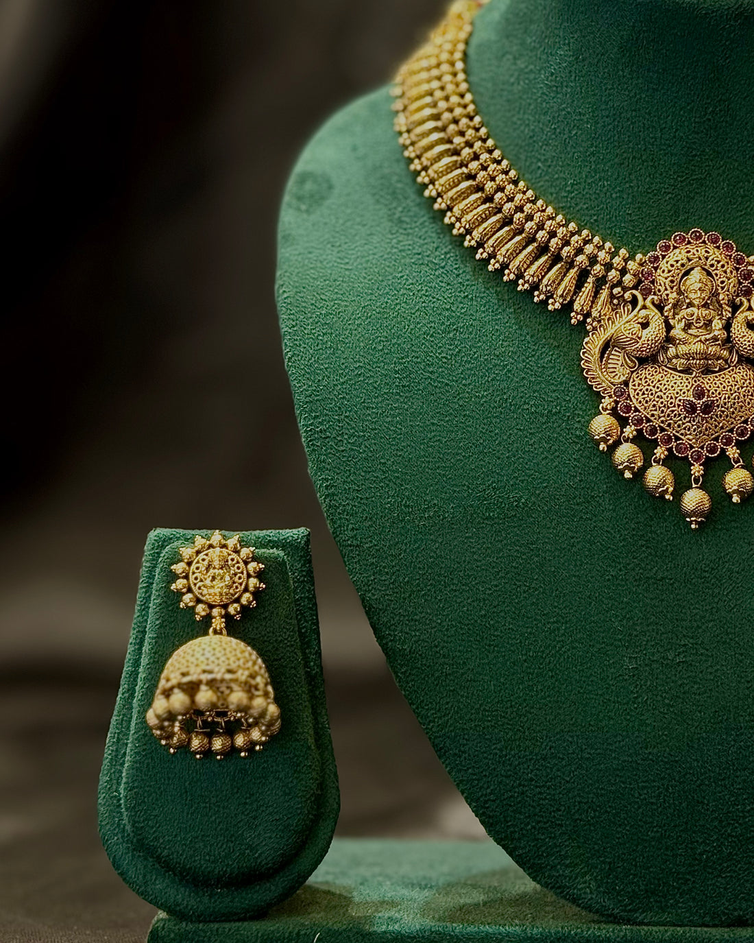 Antique Gold Plated Lakshmi Temple Necklace Set with Peacock Pendant & Traditional Jhumka Earrings | L7887