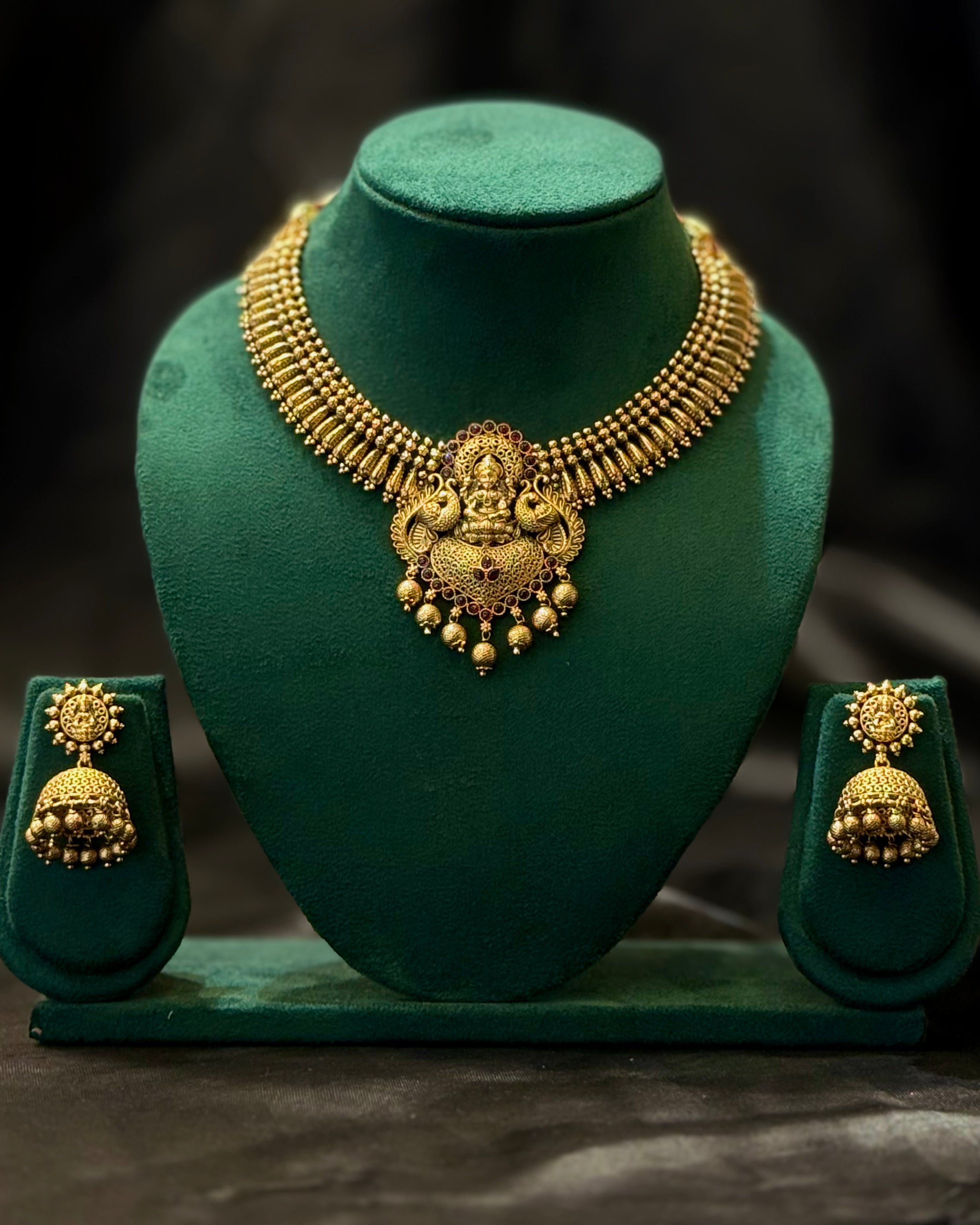 Antique Gold Plated Lakshmi Temple Necklace Set with Peacock Pendant & Traditional Jhumka Earrings | L7887