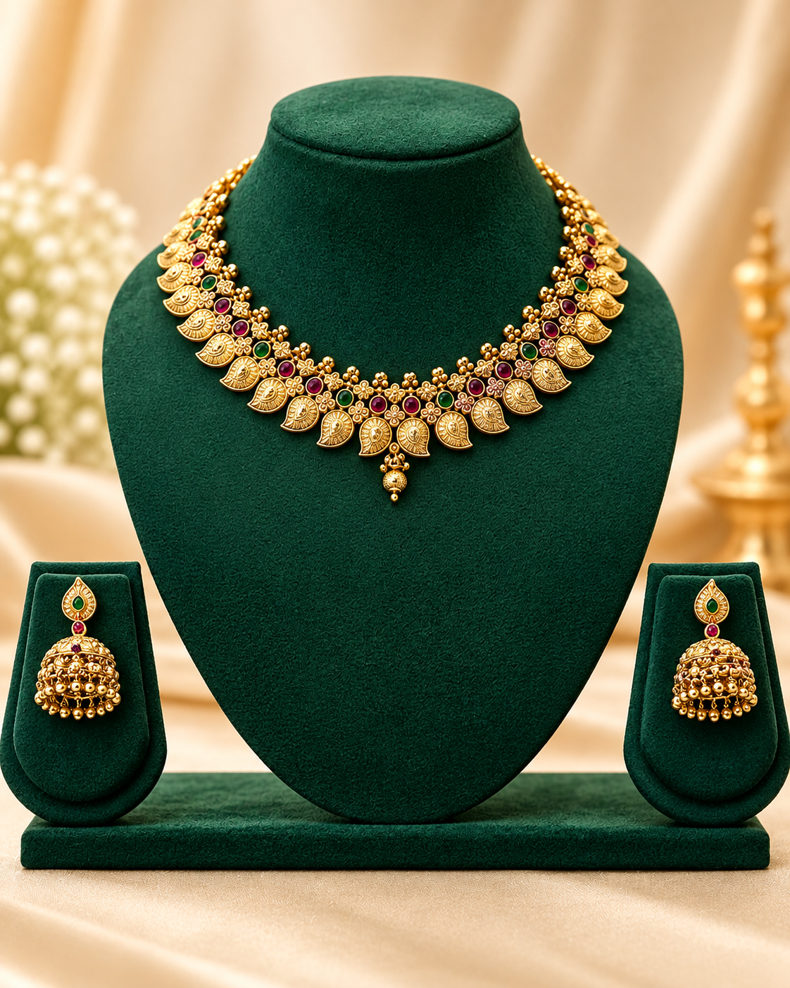 Antique Gold Plated Traditional Necklace Set with Multicolour Stonework & Jhumka Earrings | L8094