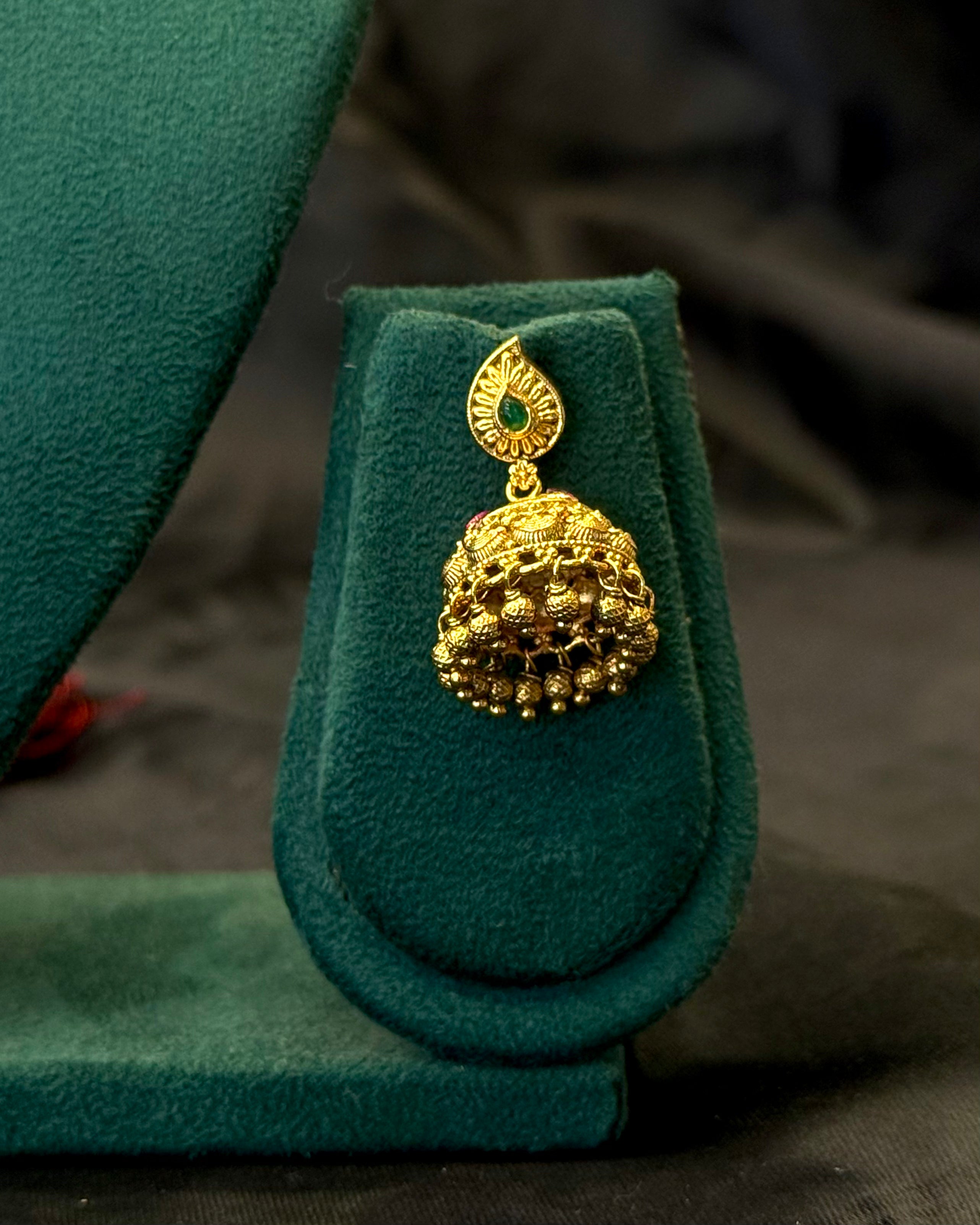 Antique Gold Plated Traditional Necklace Set with Multicolour Stonework & Jhumka Earrings | L8094