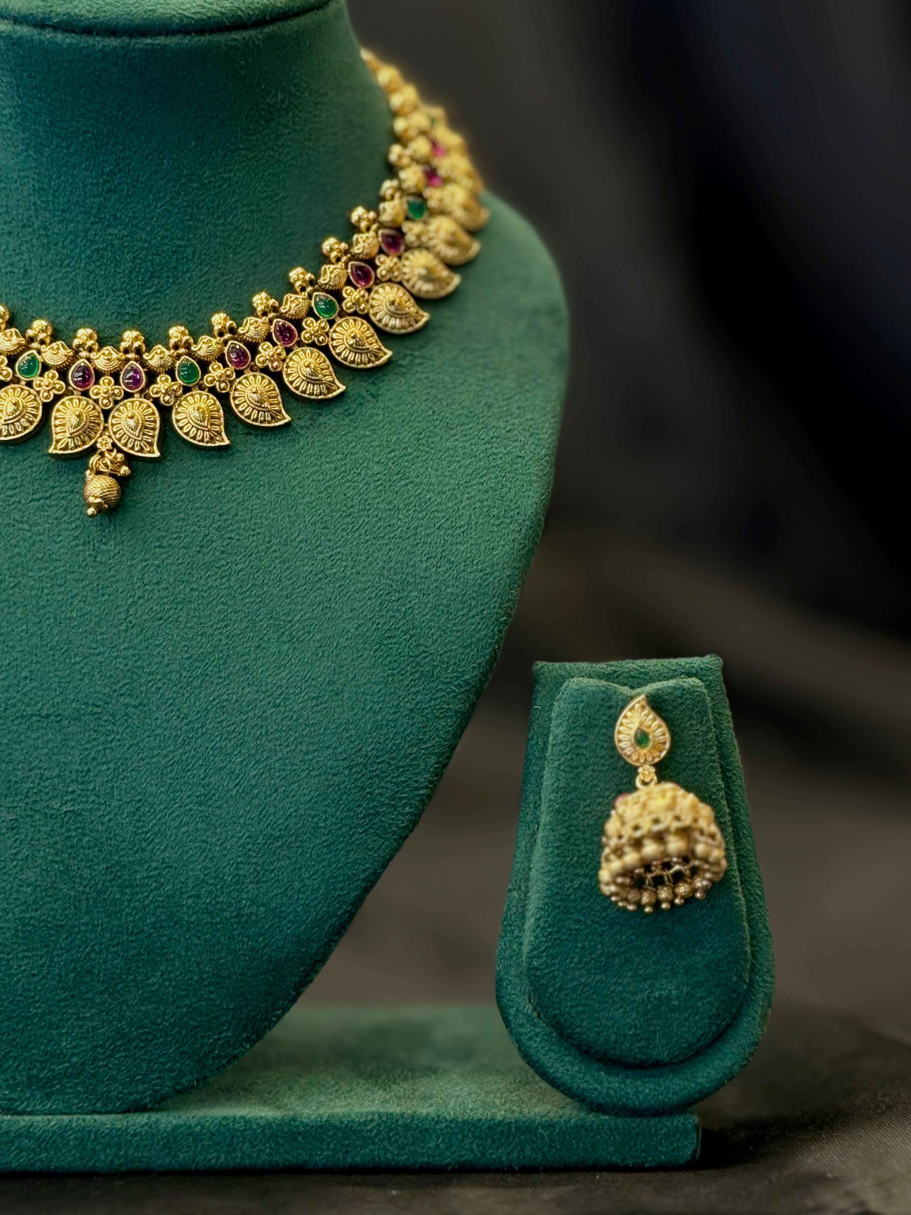 Antique Gold Plated Traditional Necklace Set with Multicolour Stonework & Jhumka Earrings | L8094
