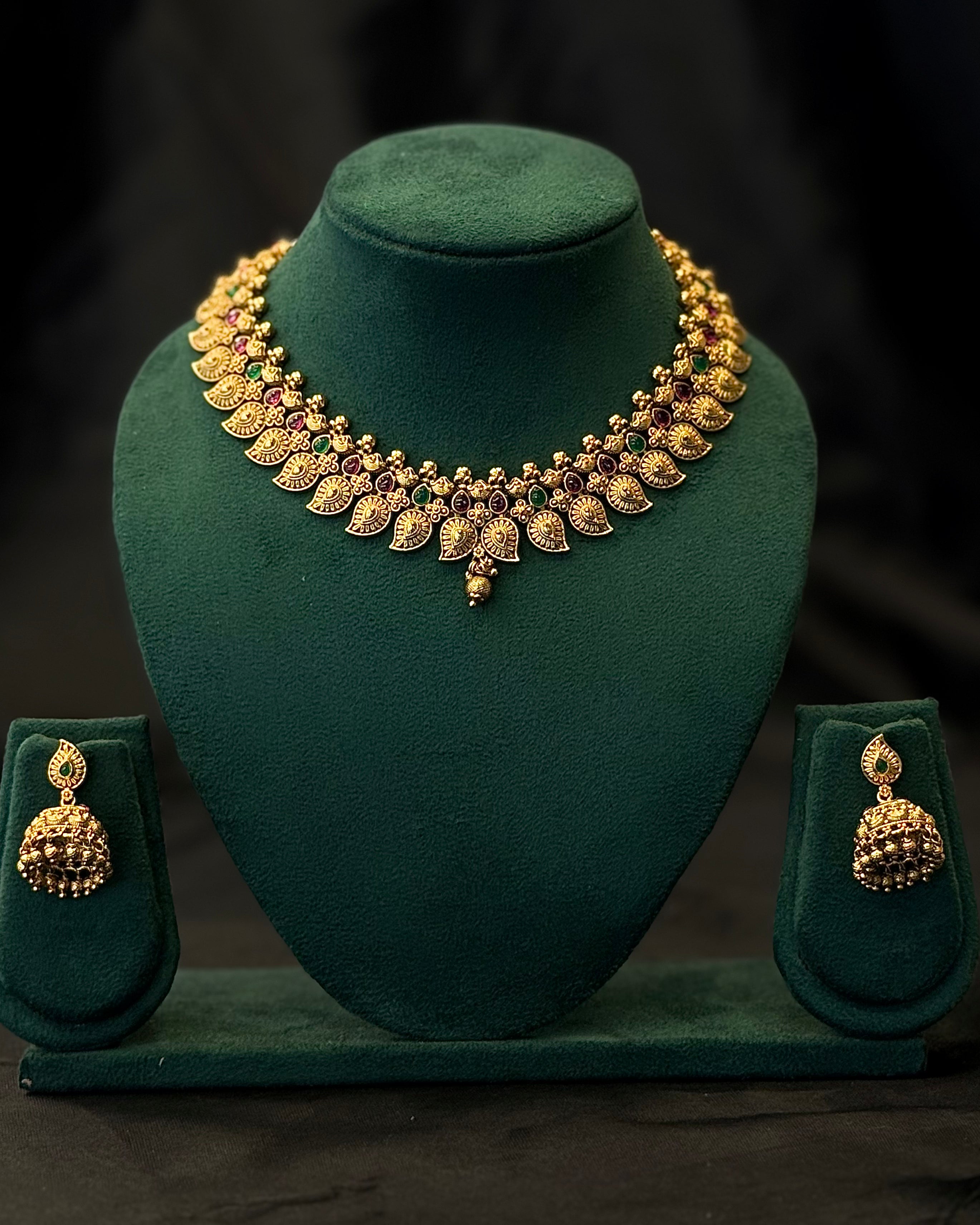 Antique Gold Plated Traditional Necklace Set with Multicolour Stonework & Jhumka Earrings | L8094
