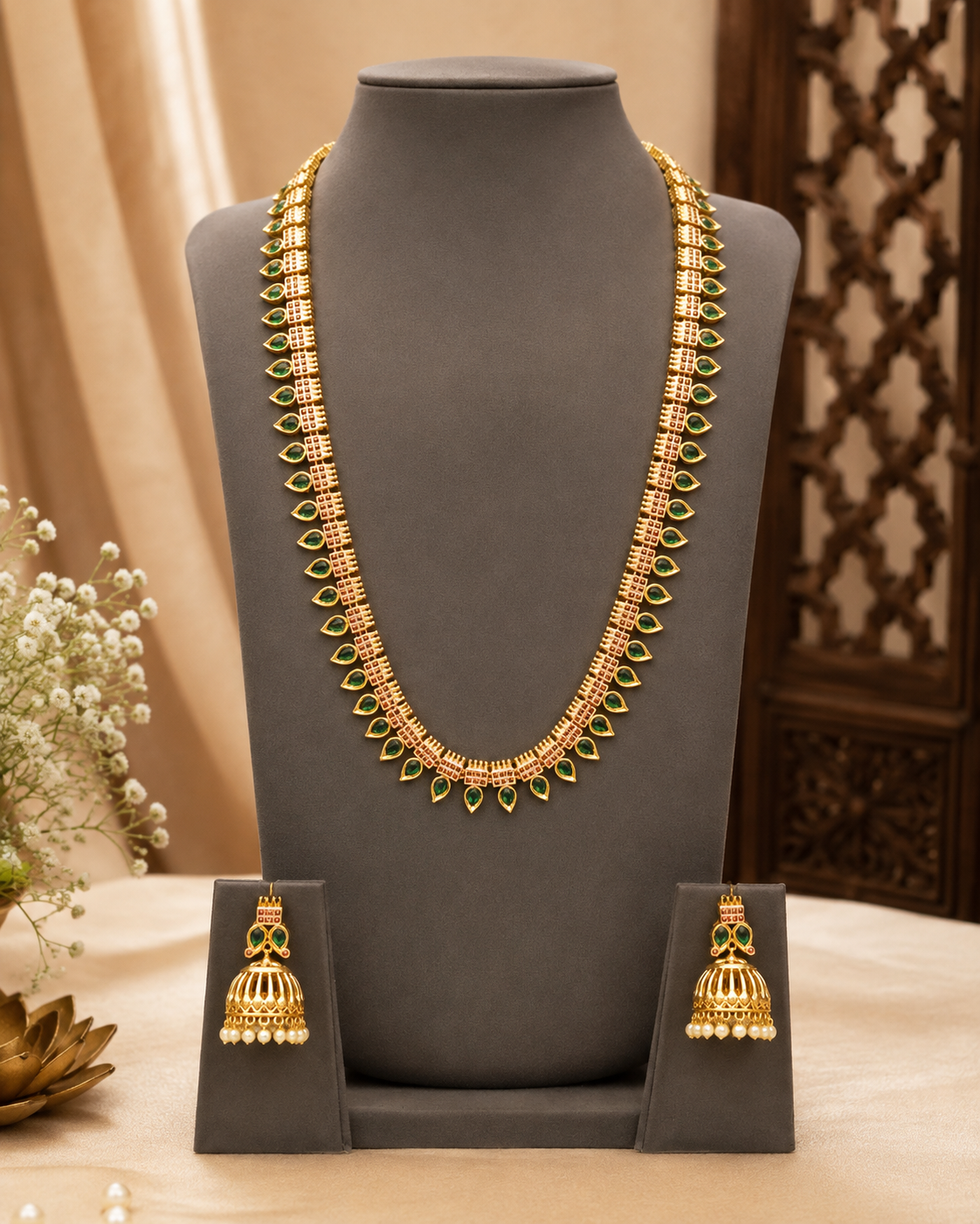Antique Gold Emerald Marquise Long Haram Necklace Set with Gold Jhumka Earrings |  L8253
