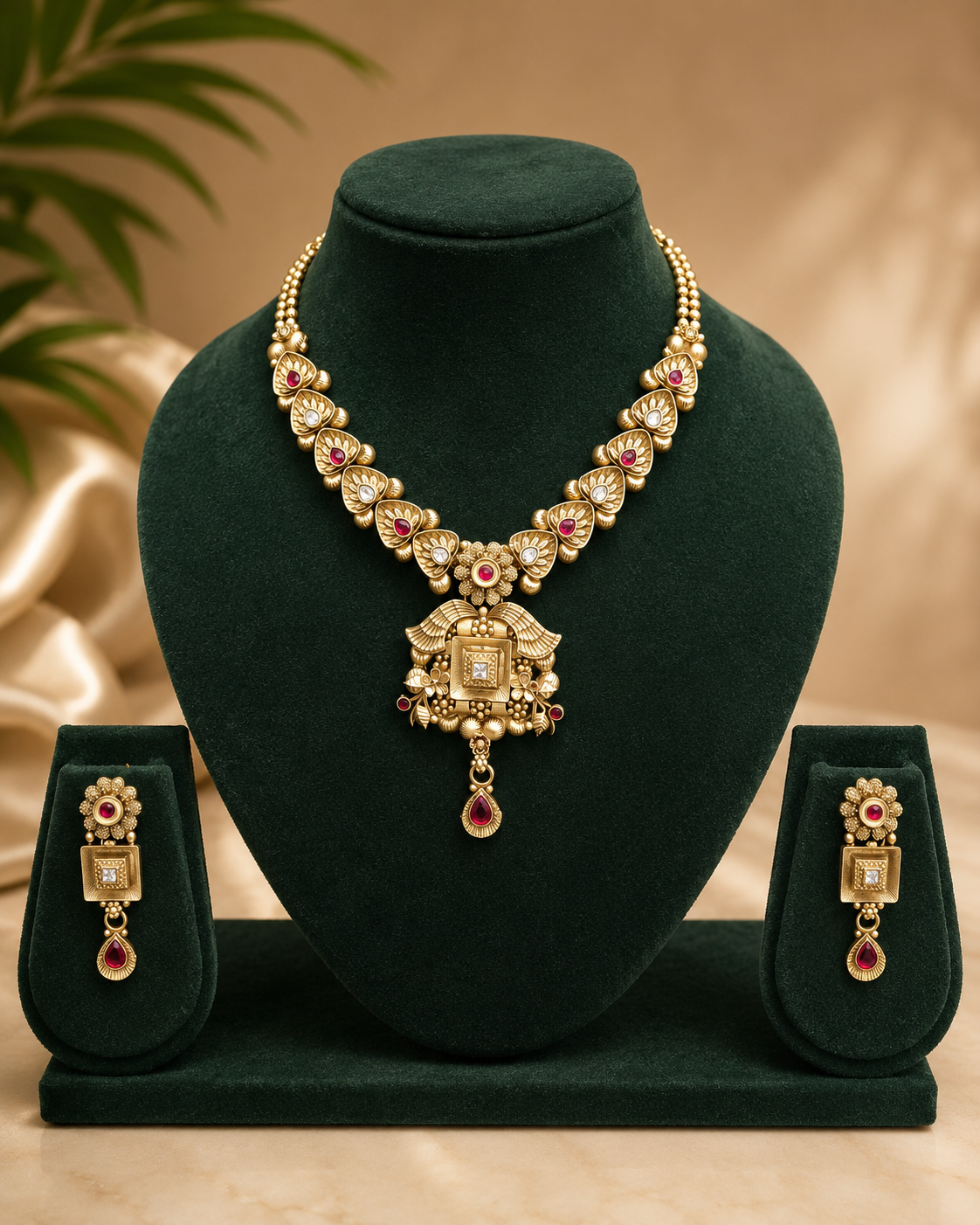 Gold-toned traditional necklace and matching earrings displayed on a dark green velvet jewelry bust set against a warm beige background with soft fabric drapery and a blurred plant leaf.