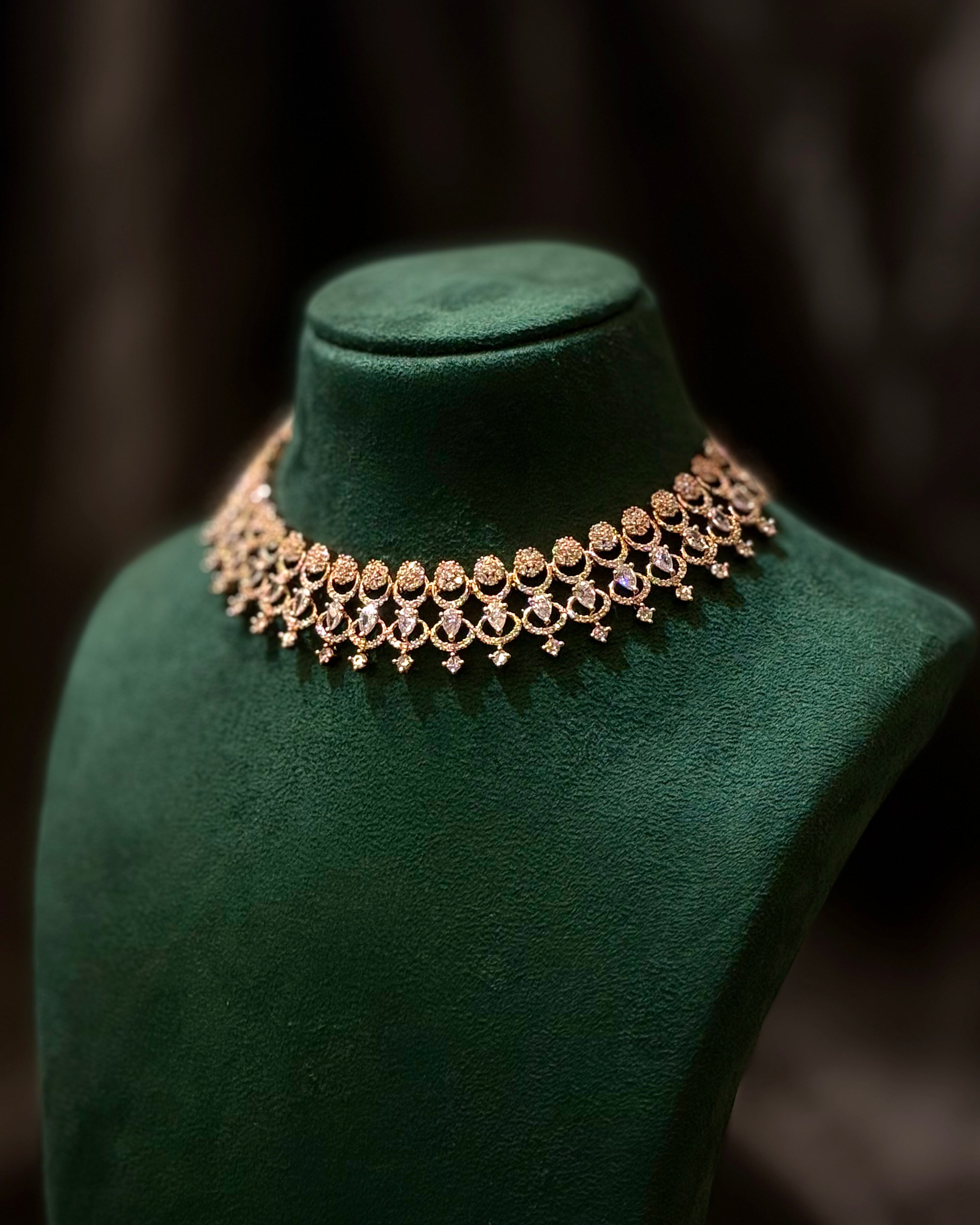 Rose Gold Finish Designer Choker Necklace Set with Matching Earrings | L8641