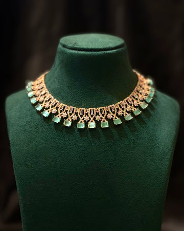 Rose Gold Finish Mint Green Stone Designer Choker Necklace Set | L8668
