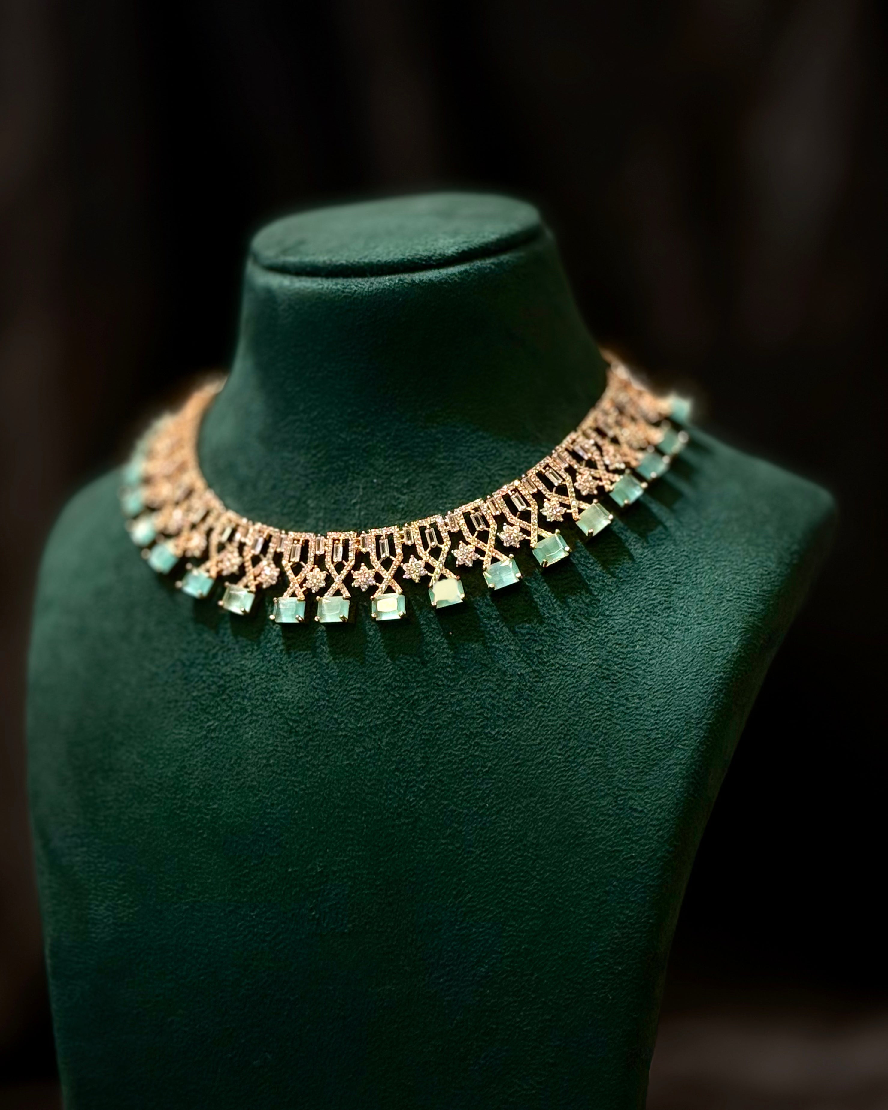 Rose Gold Finish Mint Green Stone Designer Choker Necklace Set | L8668