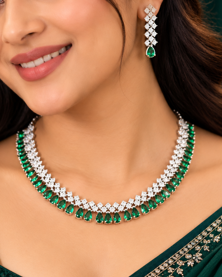 Emerald Green Stone Necklace Set with Matching Earrings | L8672