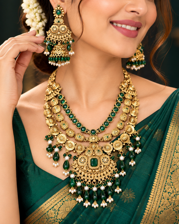 Antique Gold Bridal Necklace Set with Green Stone Jhumka Earrings | L8688