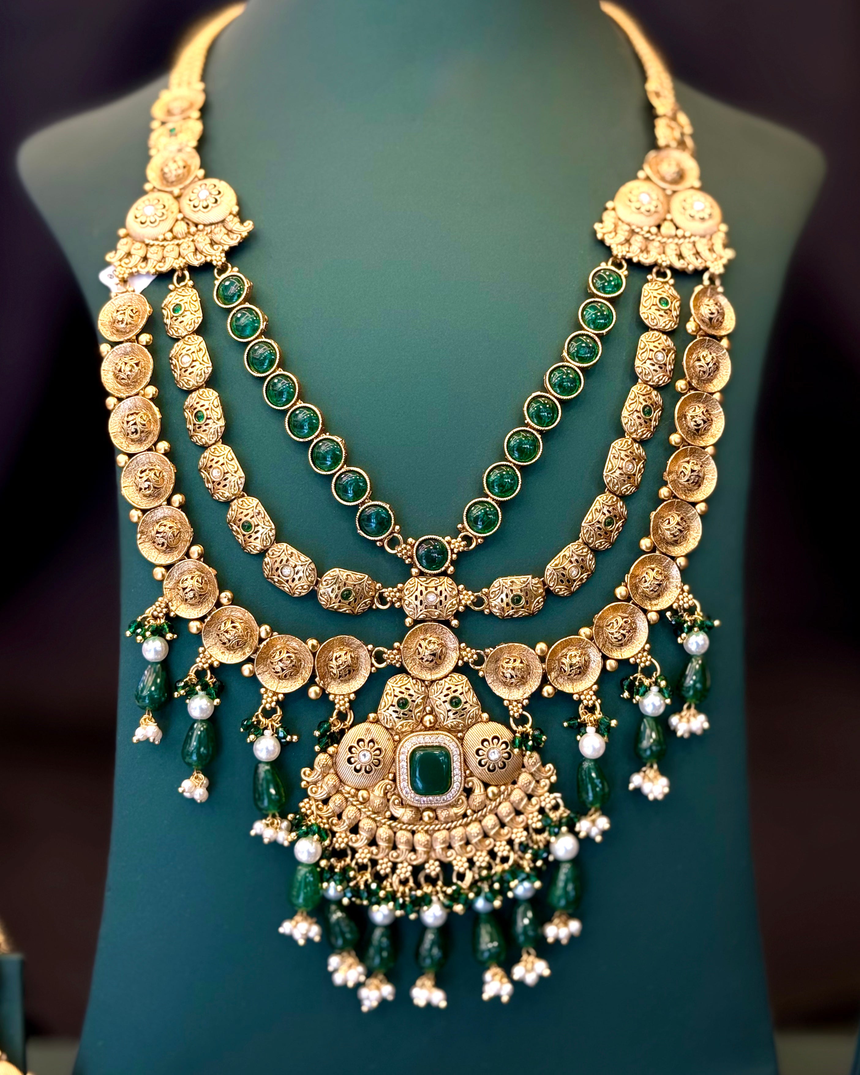 Antique Gold Bridal Necklace Set with Green Stone Jhumka Earrings | L8688