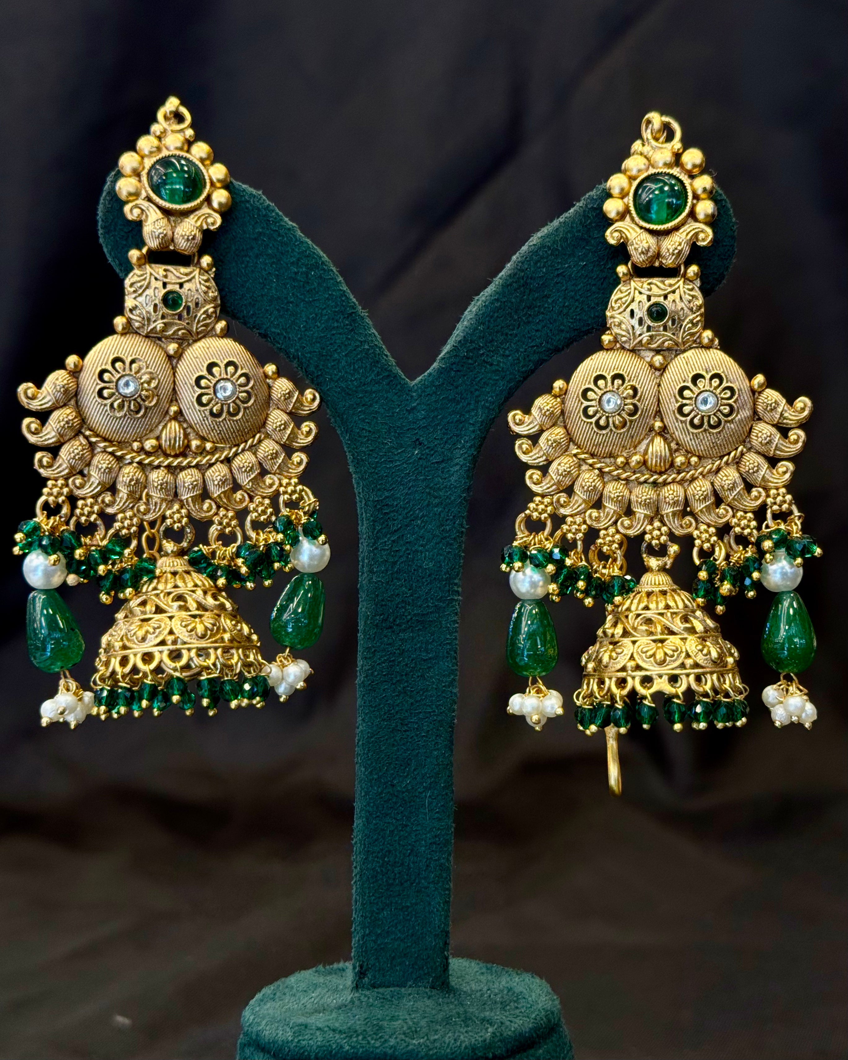 Antique Gold Bridal Necklace Set with Green Stone Jhumka Earrings | L8688