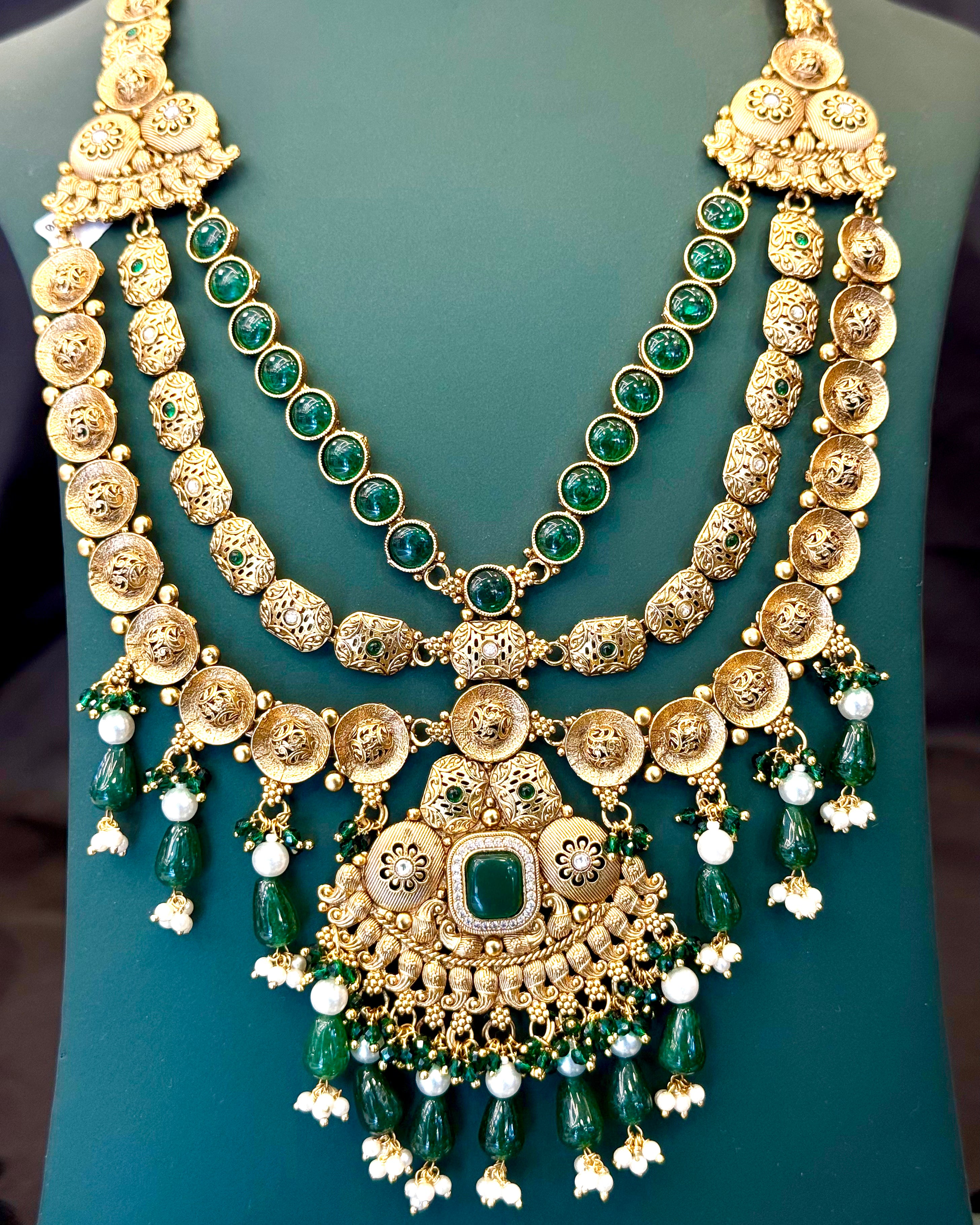 Antique Gold Bridal Necklace Set with Green Stone Jhumka Earrings | L8688