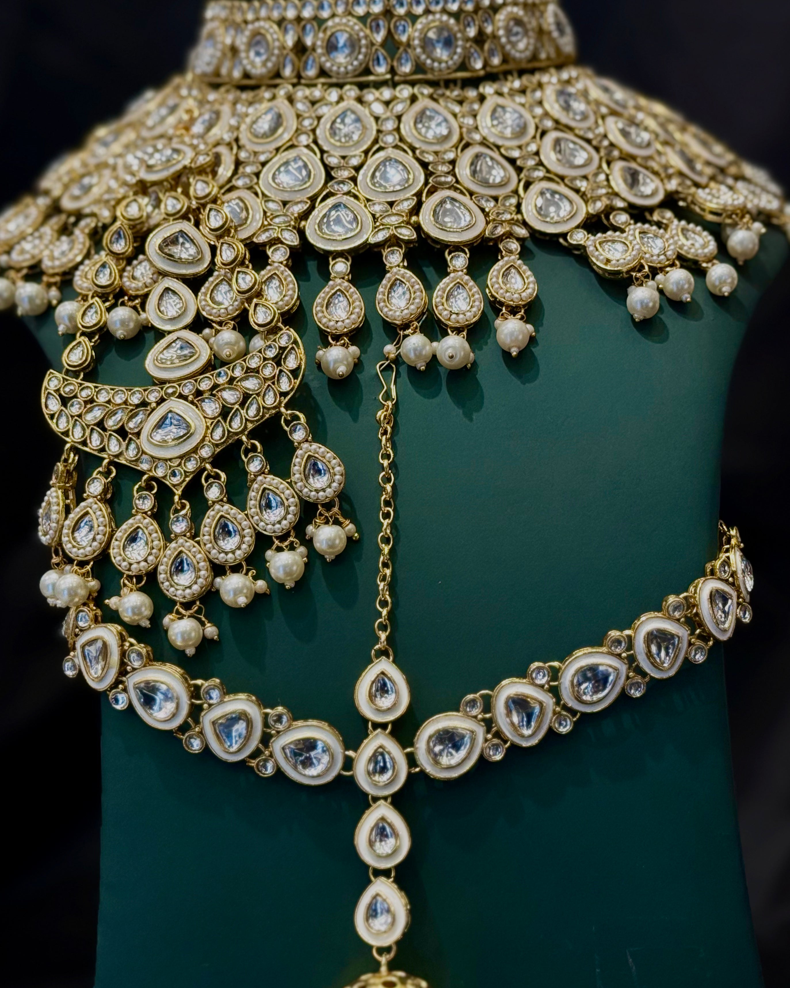 Gold Finish Bridal Choker Jewellery Set with White Stones, Pearl Drops | L8689