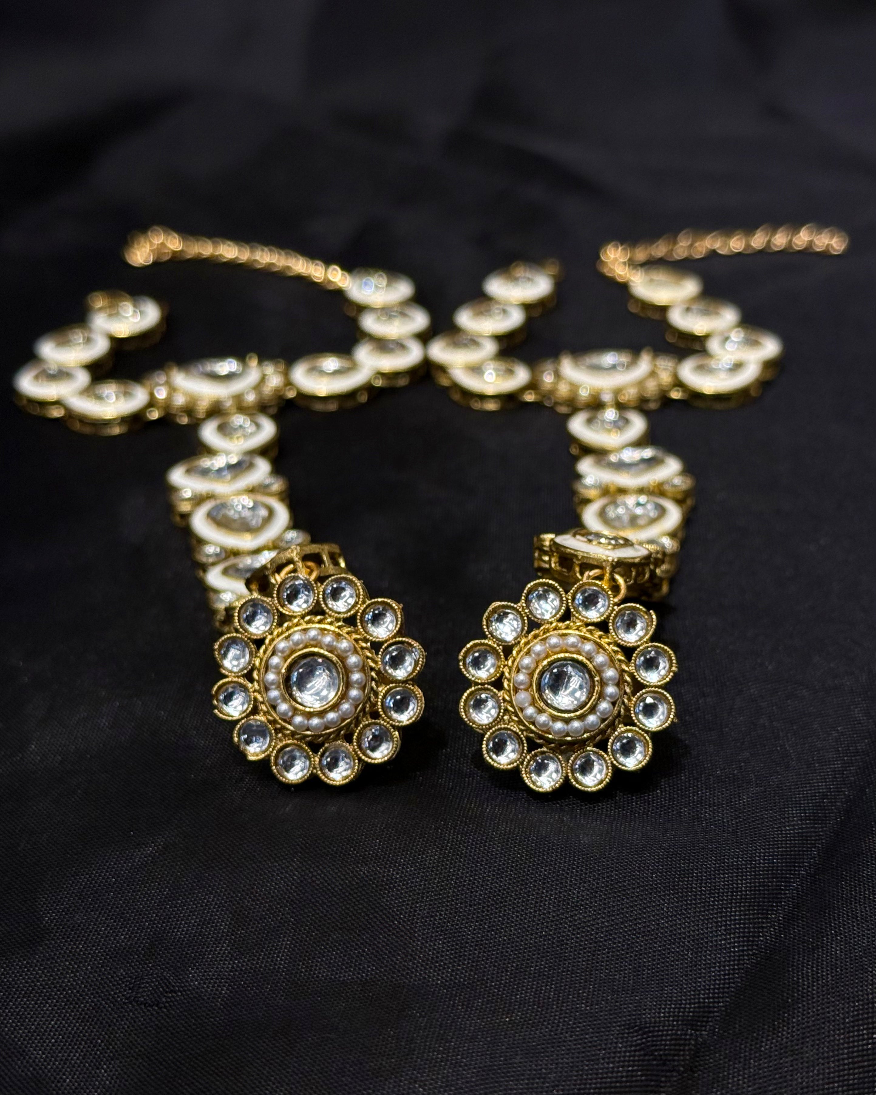 Gold Finish Bridal Choker Jewellery Set with White Stones, Pearl Drops | L8689