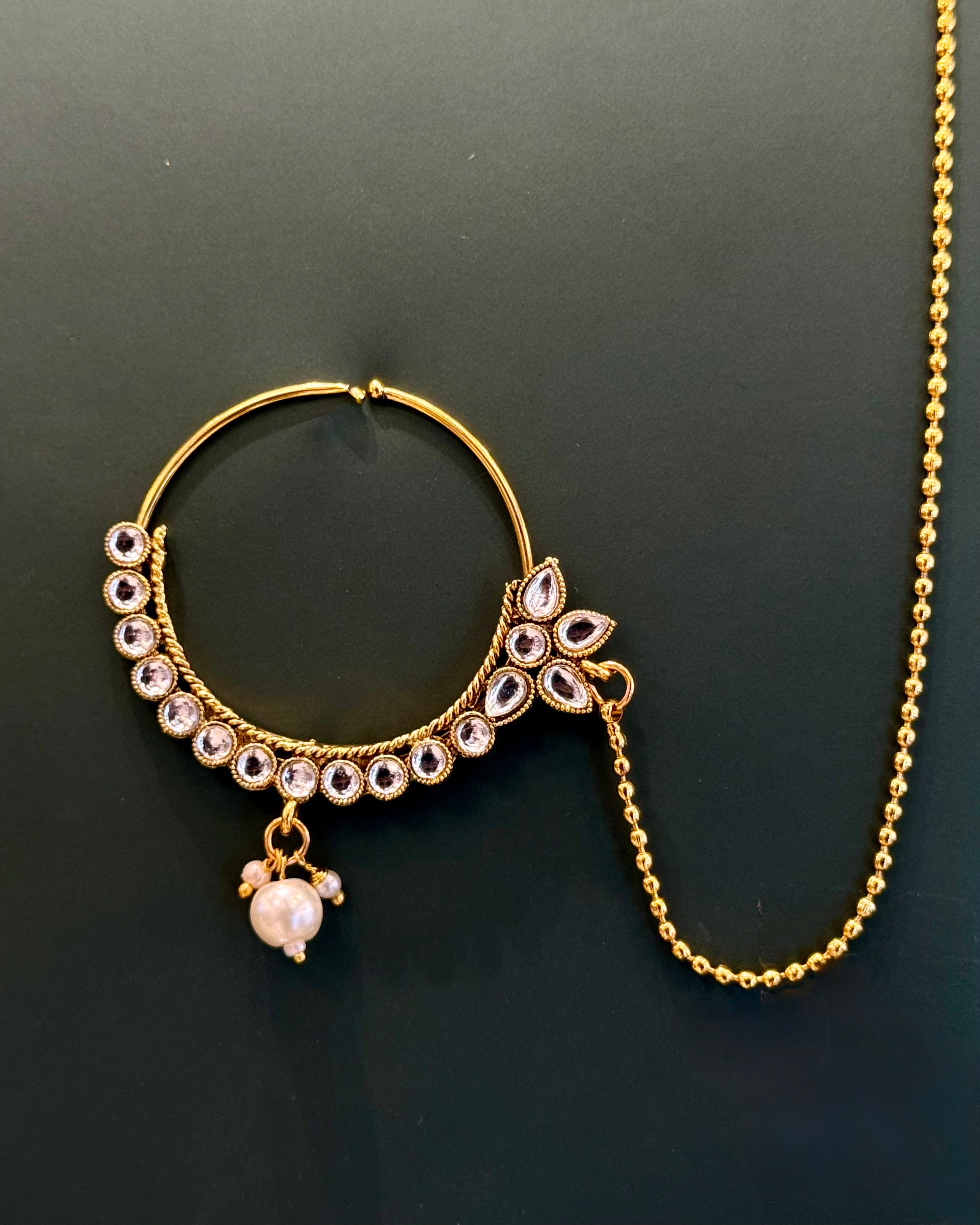 Gold Finish Bridal Choker Jewellery Set with White Stones, Pearl Drops | L8689