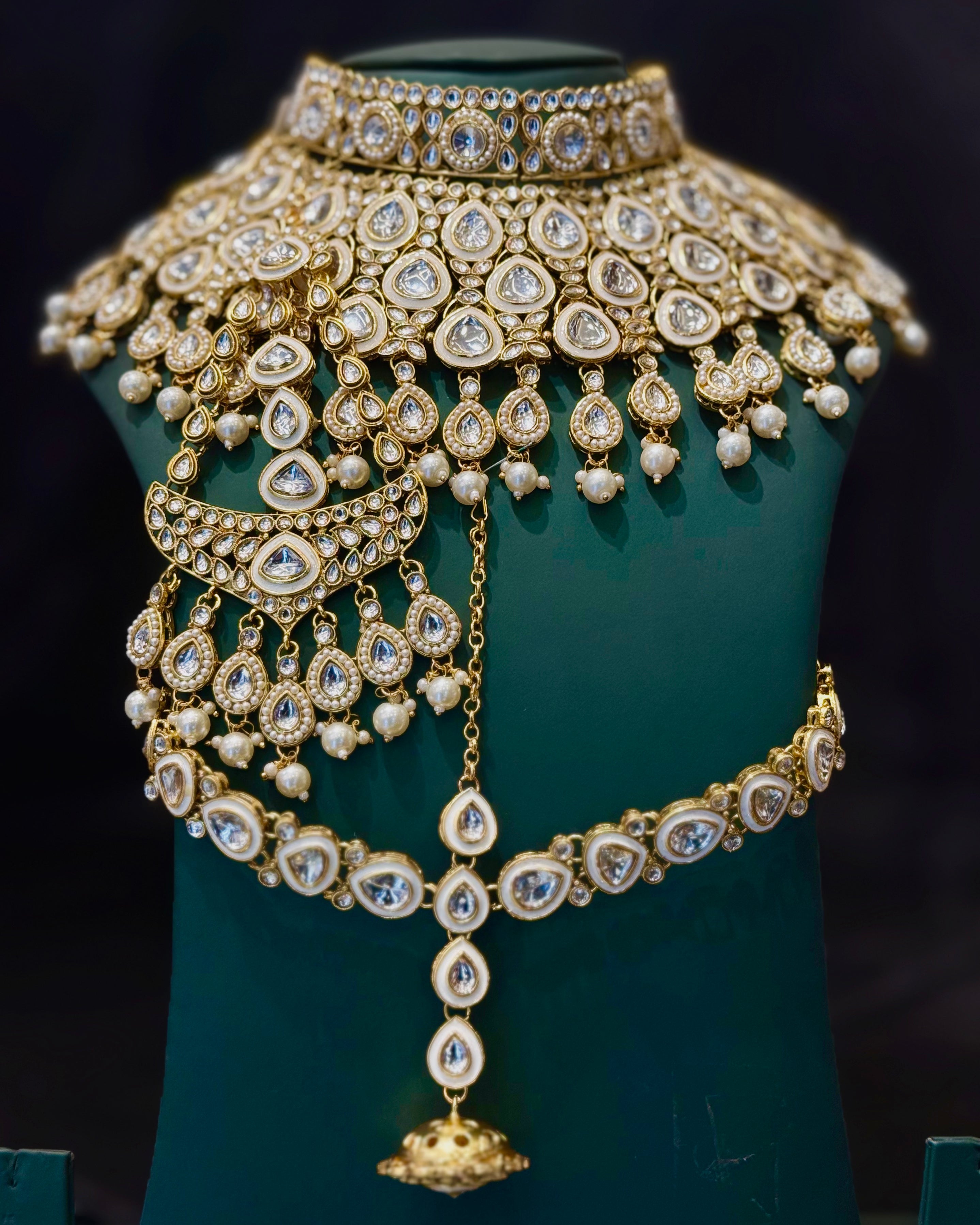 Gold Finish Bridal Choker Jewellery Set with White Stones, Pearl Drops | L8689