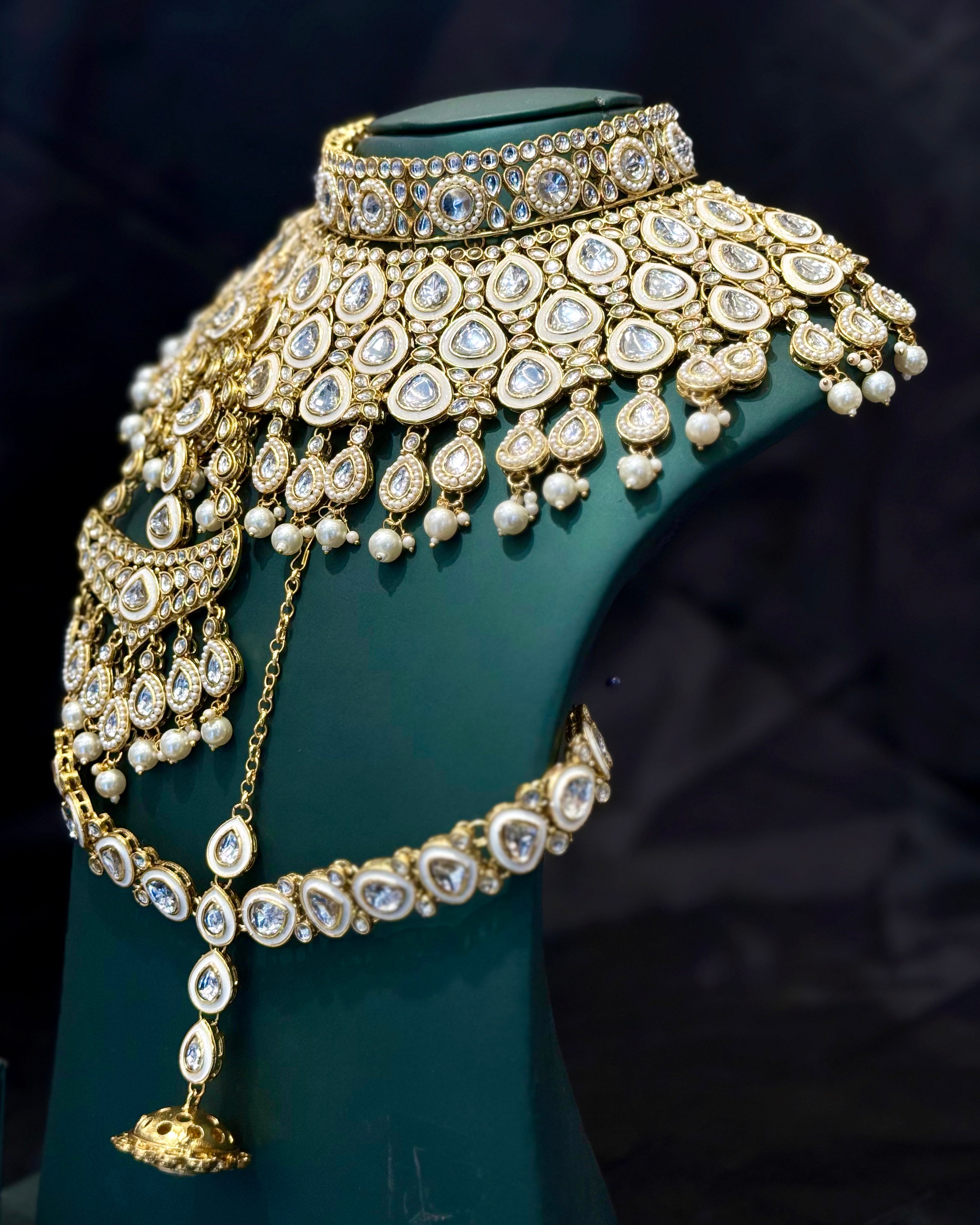 Gold Finish Bridal Choker Jewellery Set with White Stones, Pearl Drops | L8689