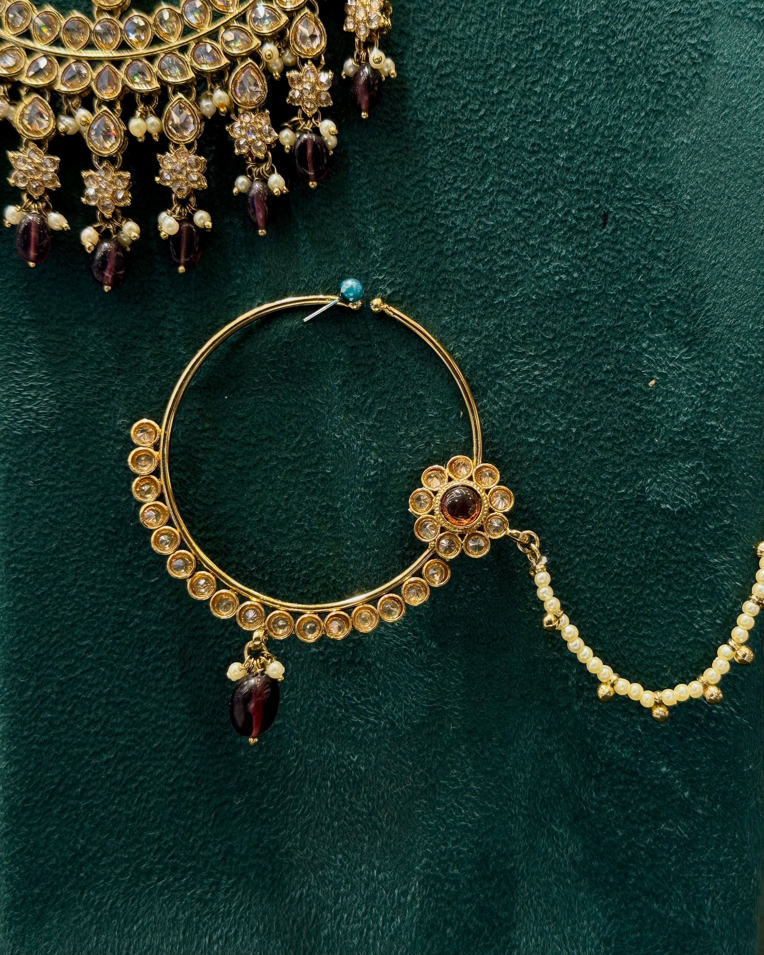 Gold Finish Bridal Choker Jewellery Set with Maang Tikka, Haath Phool and Nose Ring | L8690
