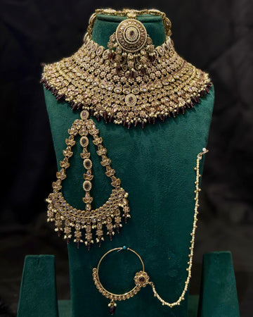 Gold Finish Bridal Choker Jewellery Set with Maang Tikka, Haath Phool and Nose Ring | L8690