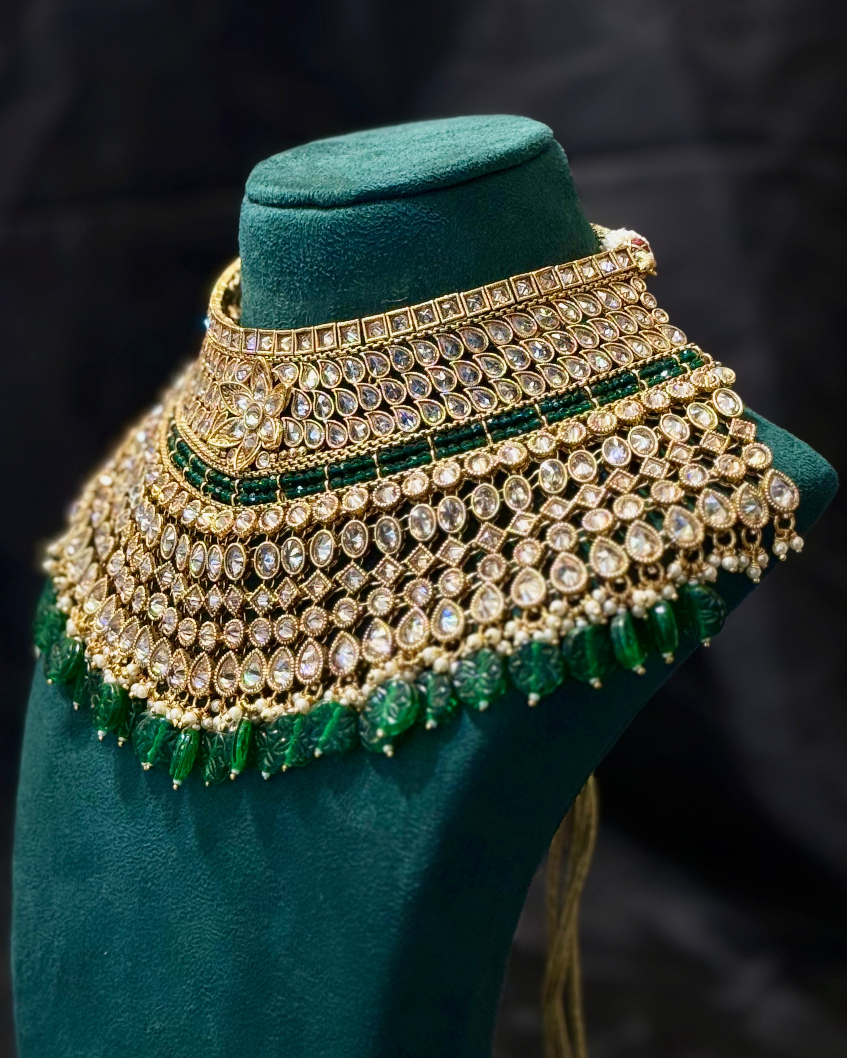 Bridal Jewellery Set with Green Beads and White Stone Embellishments | L8695