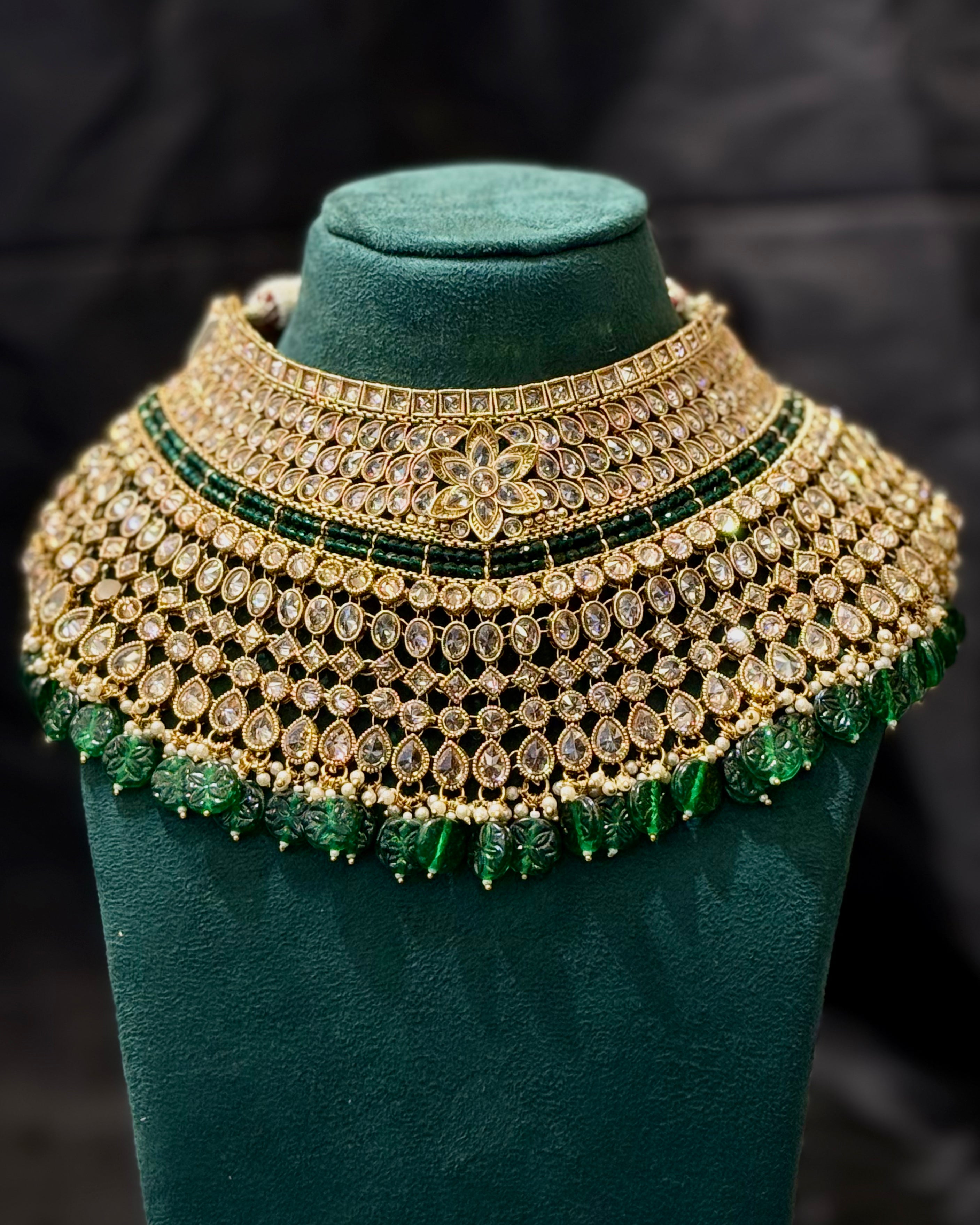 Bridal Jewellery Set with Green Beads and White Stone Embellishments | L8695