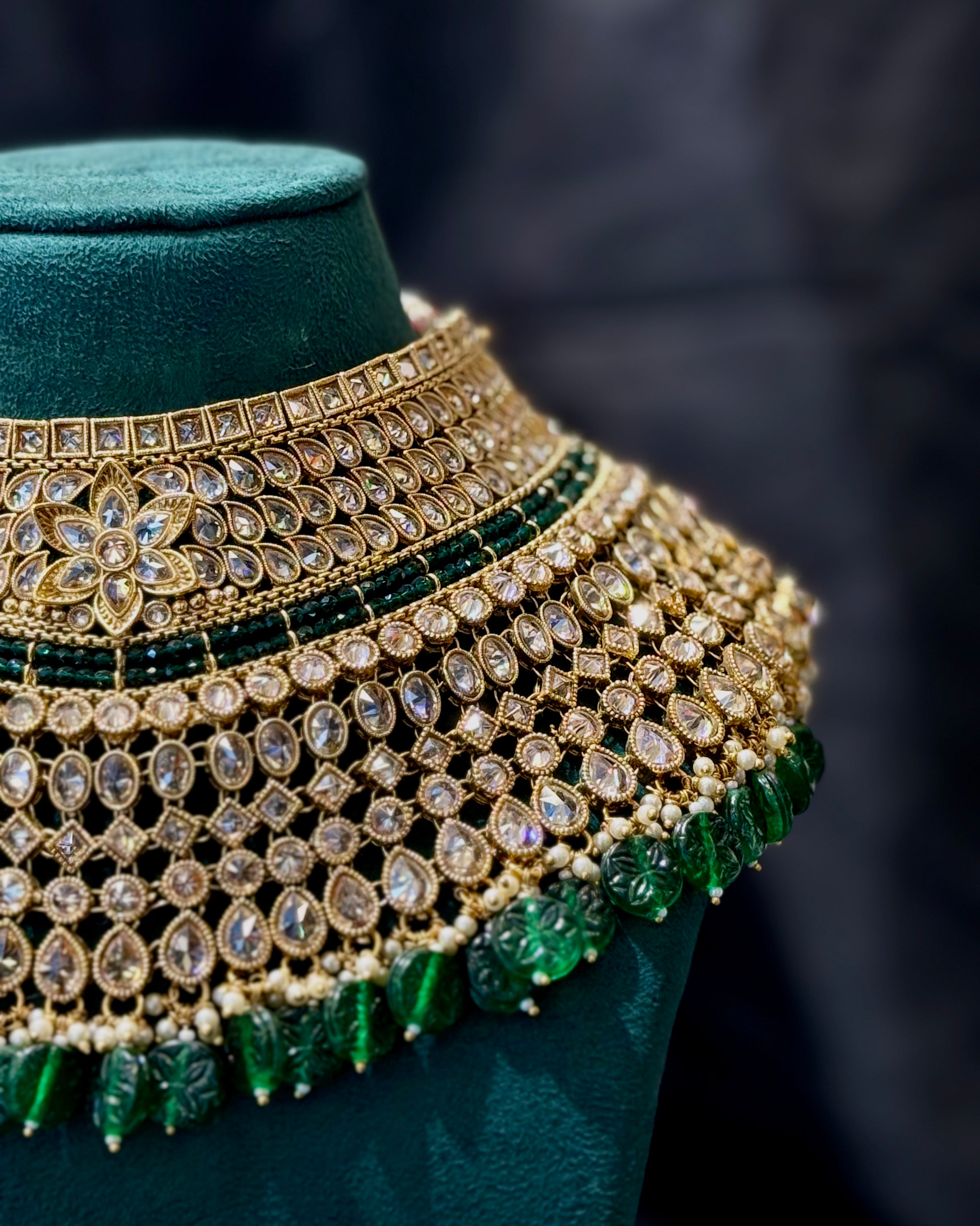 Bridal Jewellery Set with Green Beads and White Stone Embellishments | L8695