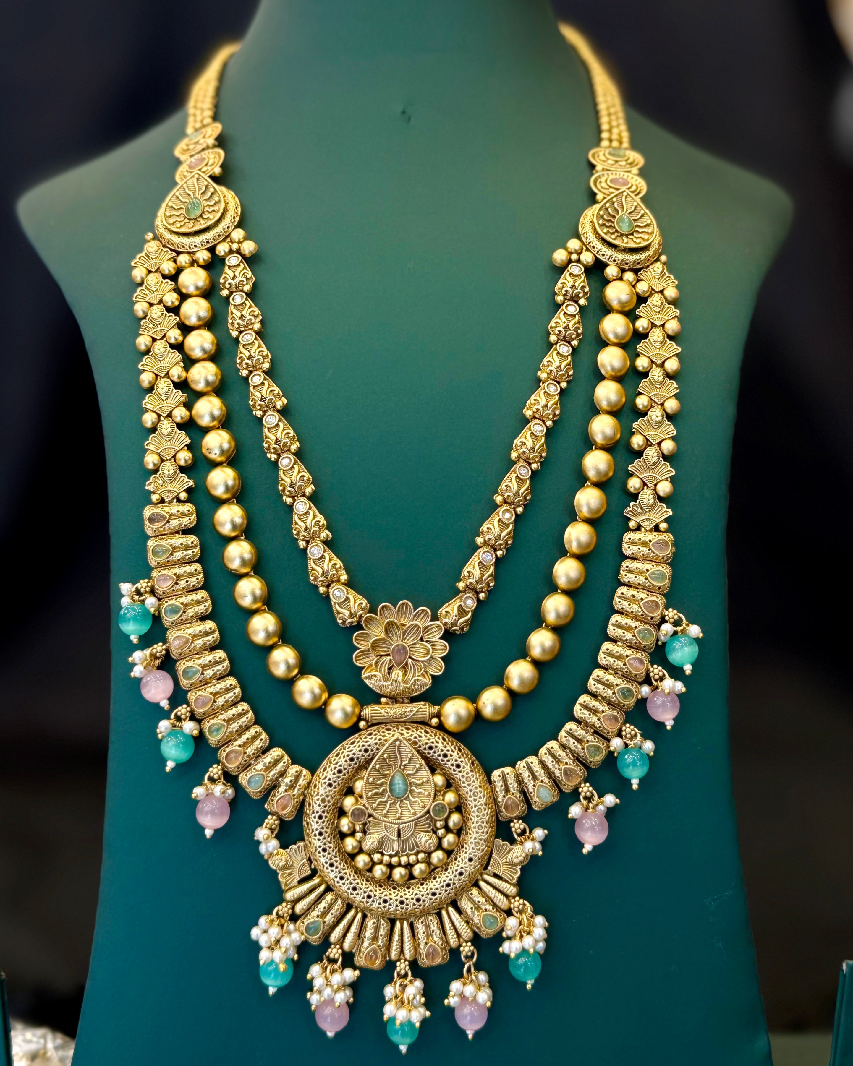 Gold Finish Traditional Bridal Long Necklace Set with Multicolour Beads & Temple Pendant | L8698
