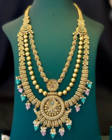 Gold Finish Traditional Bridal Long Necklace Set with Multicolour Beads & Temple Pendant | L8698
