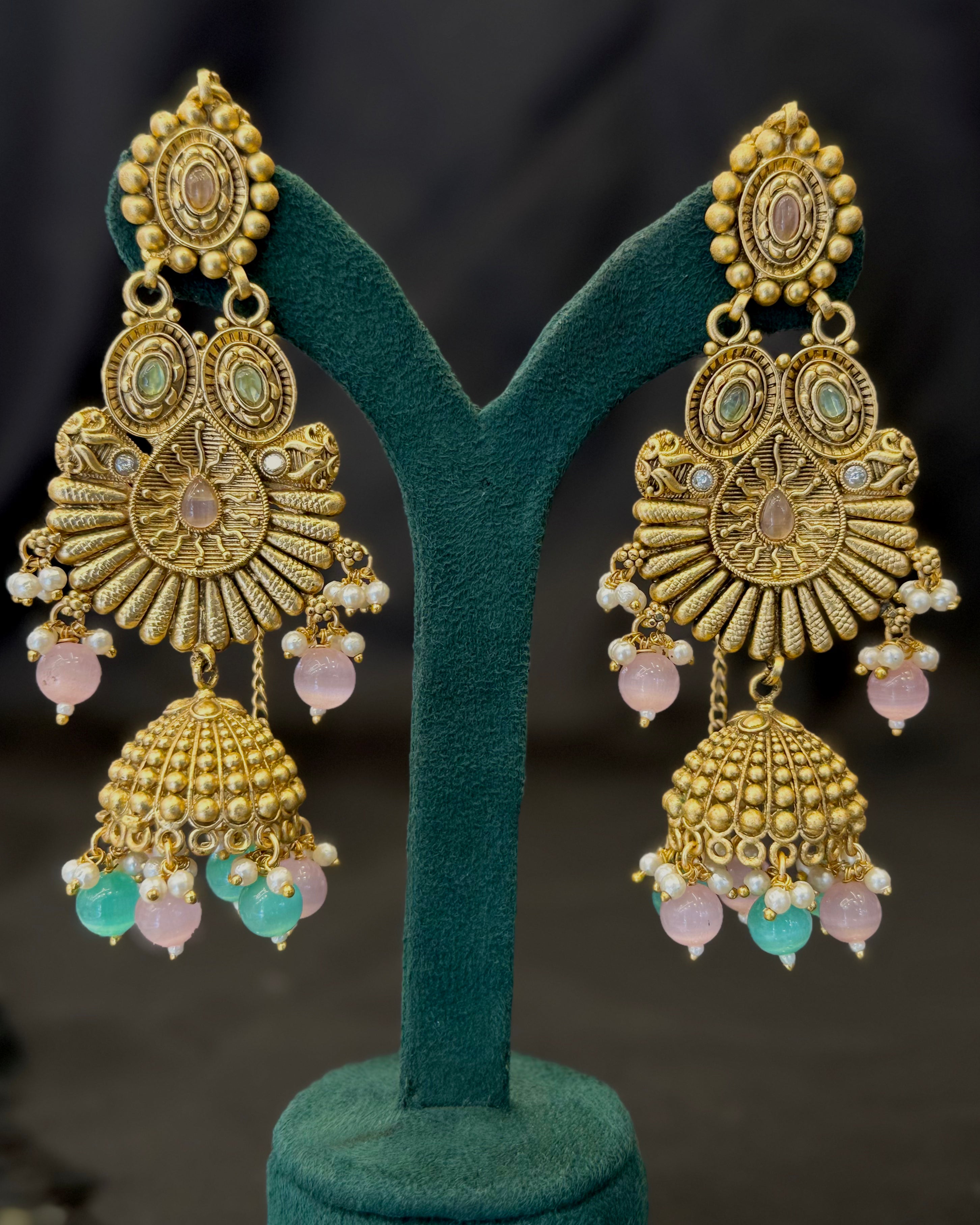 Gold Finish Traditional Bridal Long Necklace Set with Multicolour Beads & Temple Pendant | L8698