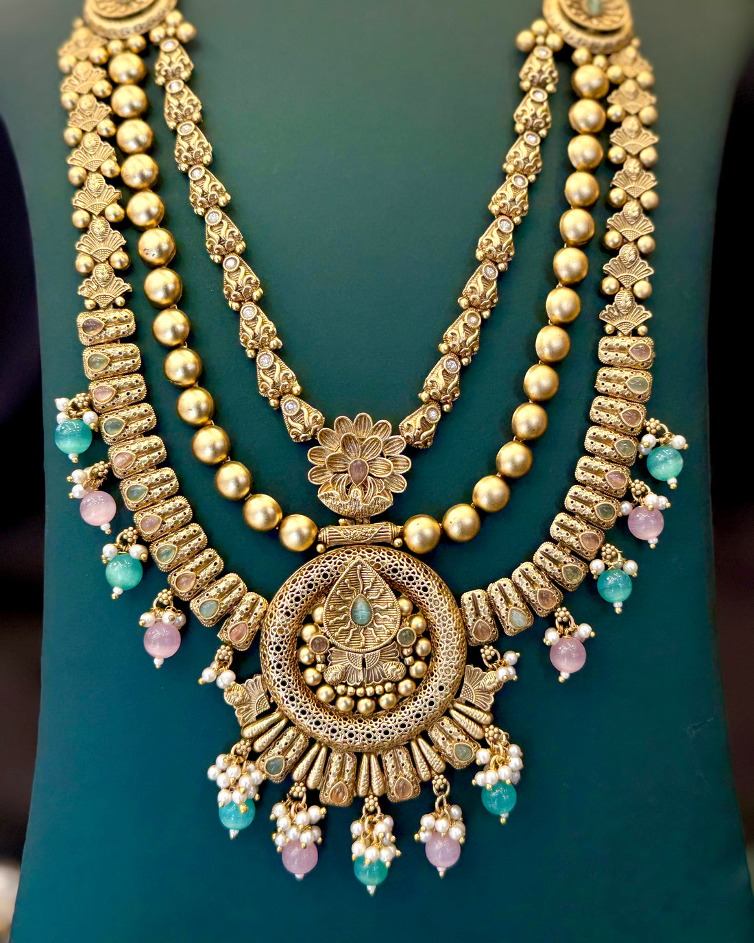 Gold Finish Traditional Bridal Long Necklace Set with Multicolour Beads & Temple Pendant | L8698
