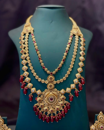 Gold Finish Bridal Necklace Set with Ruby Red Beads and Matching Jhumka Earrings | L8699