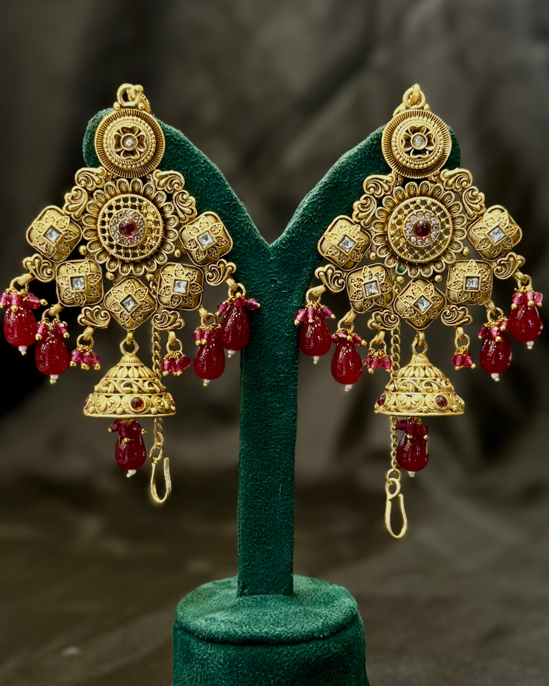 Gold Finish Bridal Necklace Set with Ruby Red Beads and Matching Jhumka Earrings | L8699