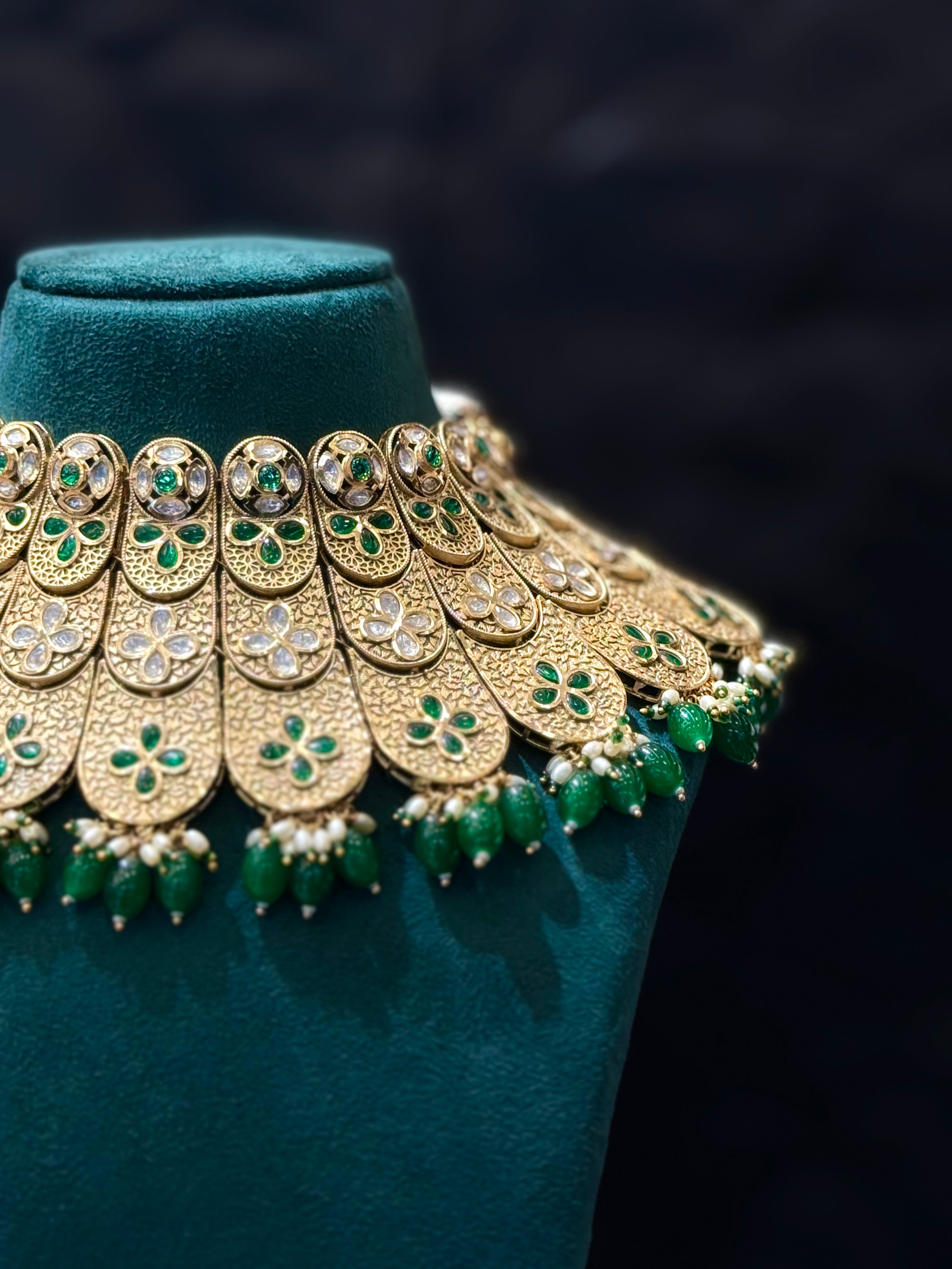 Gold Finish Bridal Necklace Set with Green Stones and Pearl Bead Drops | L8728