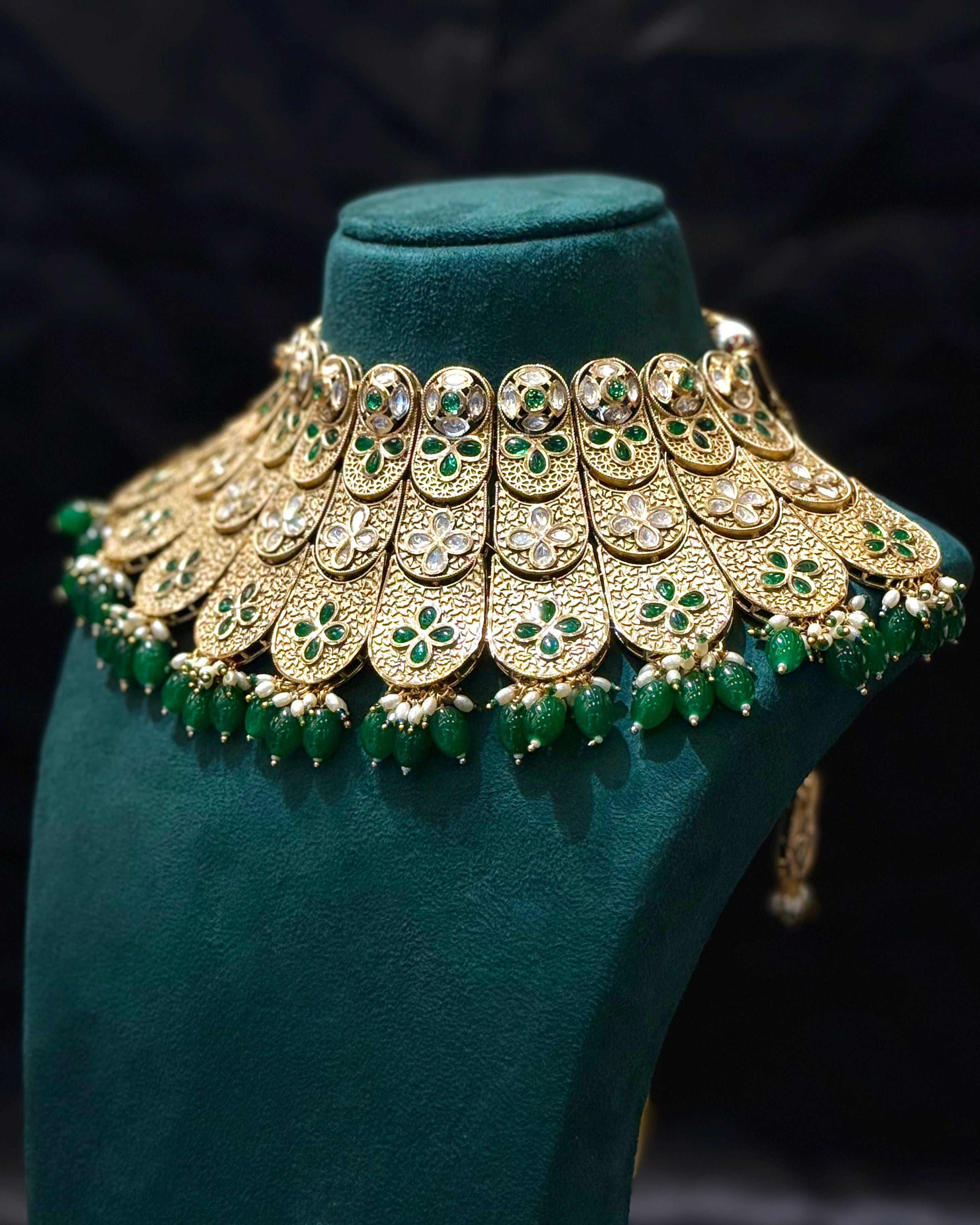Gold Finish Bridal Necklace Set with Green Stones and Pearl Bead Drops | L8728