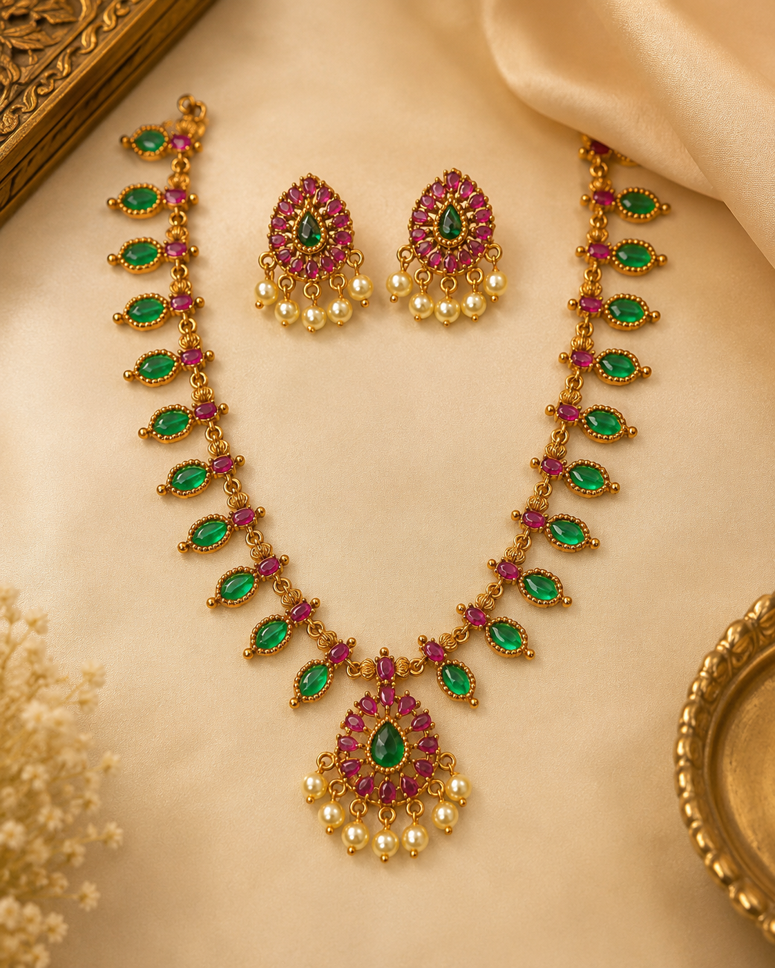 Antique Gold Ruby & Emerald Marquise Long Necklace Set with Pearl Drop Earrings | L8737