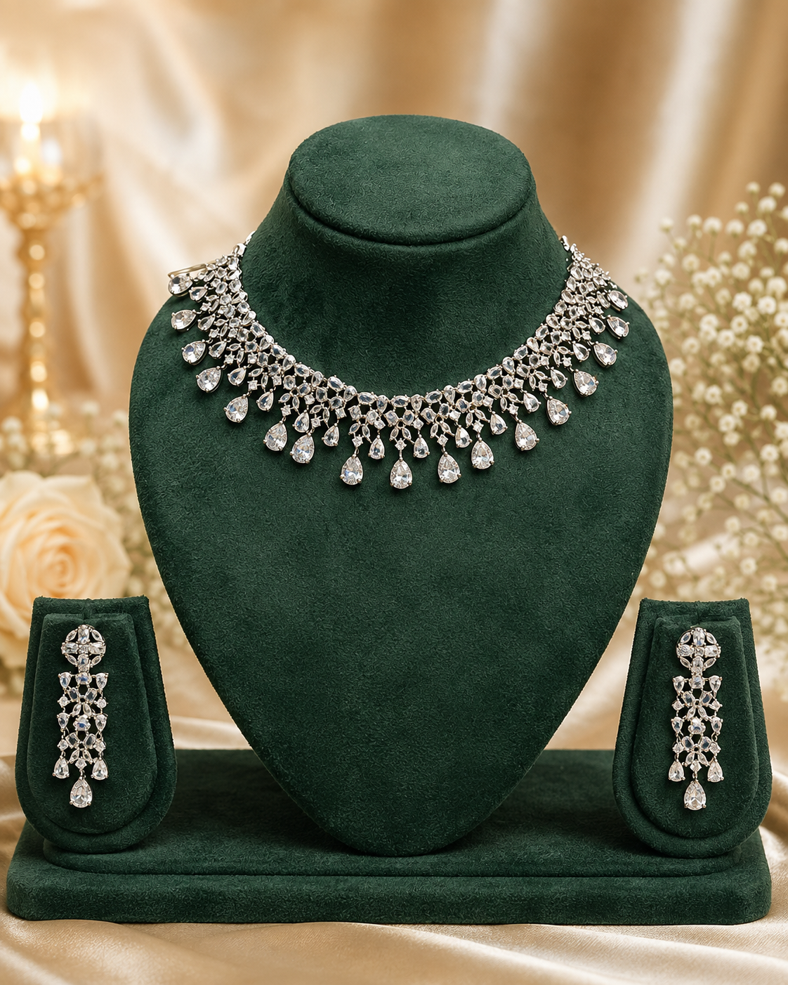 American Diamond Silver Necklace Set | L9433