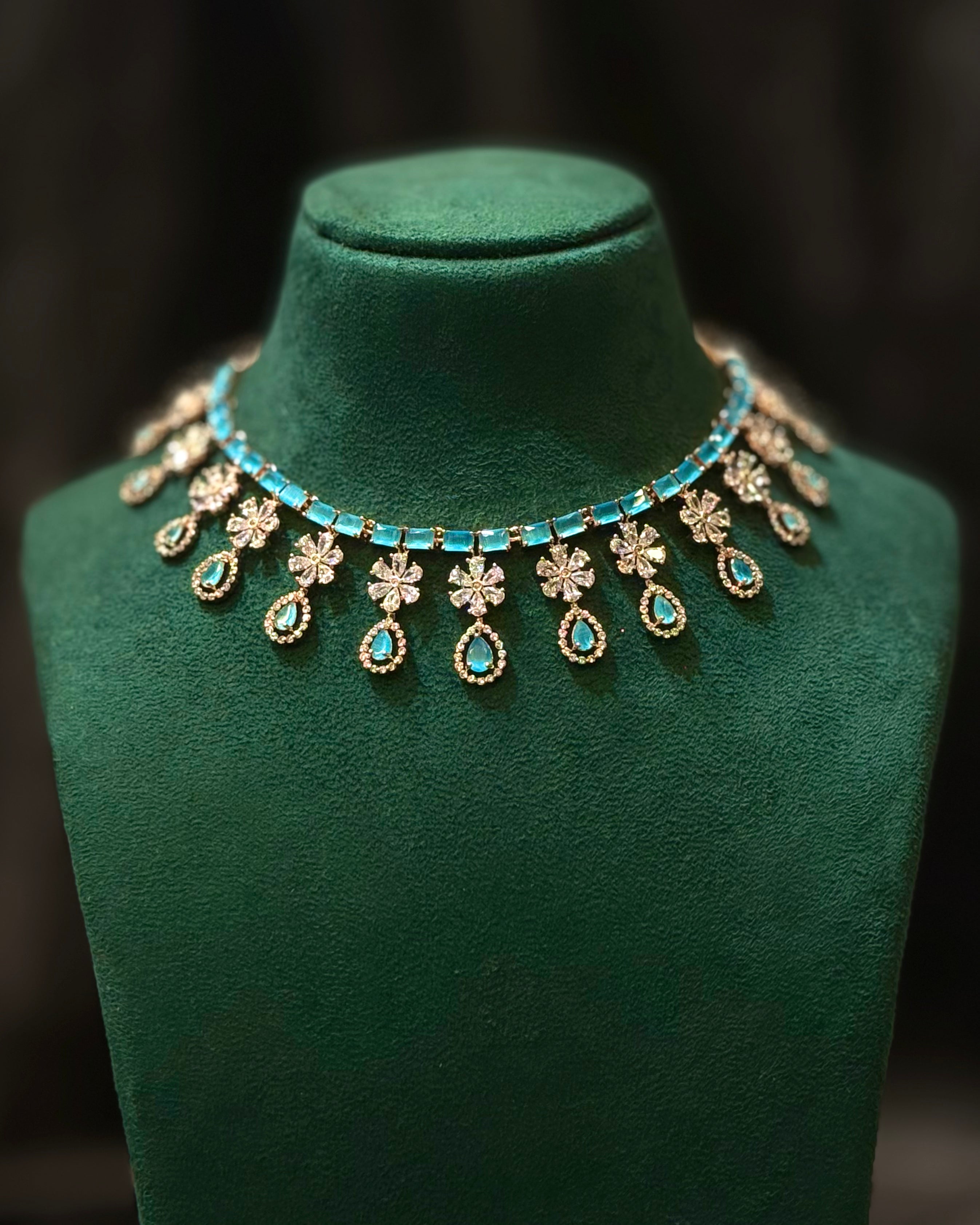Rose Gold Finish Blue Stone Designer Necklace Set | L9627