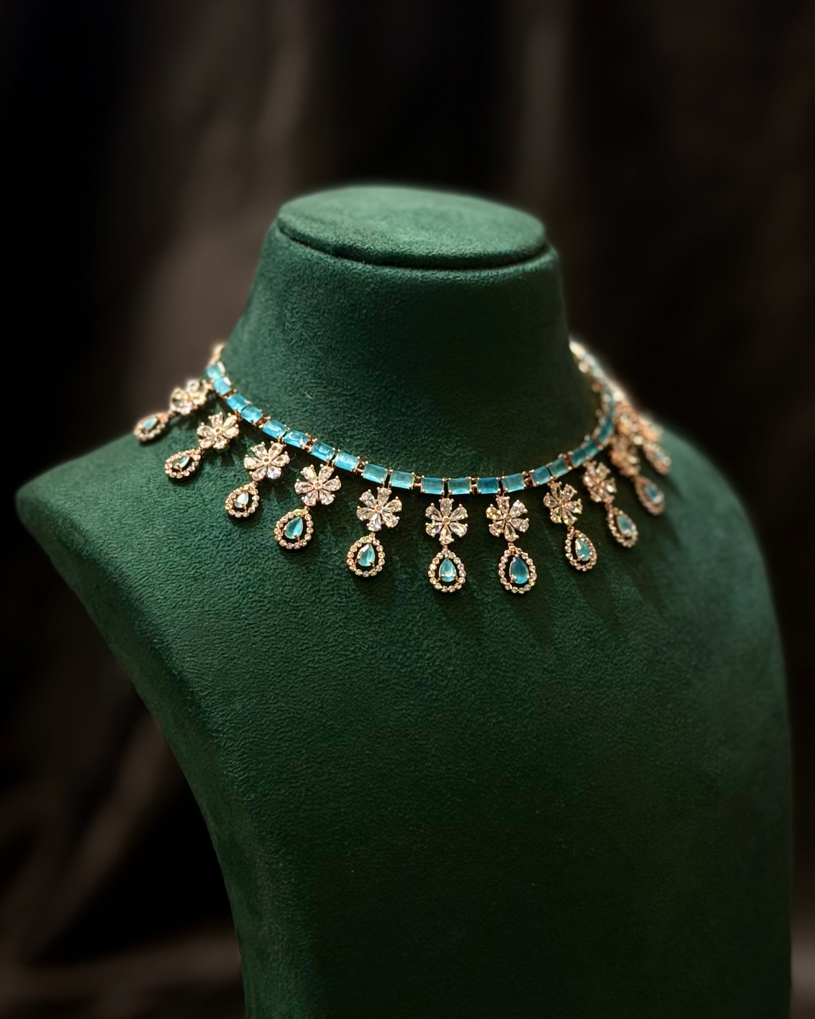 Rose Gold Finish Blue Stone Designer Necklace Set | L9627