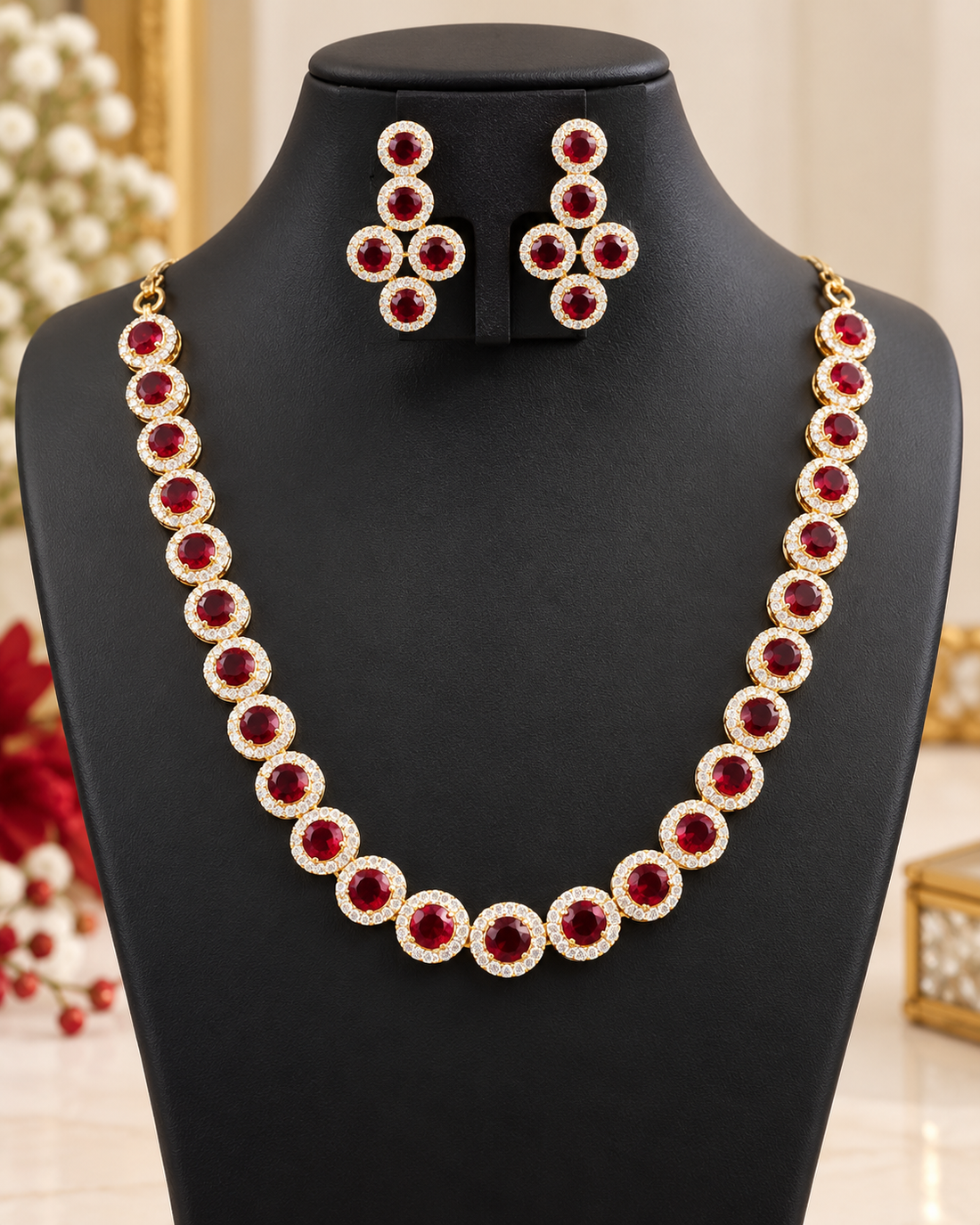 Ruby American Diamond Necklace Set | L9688