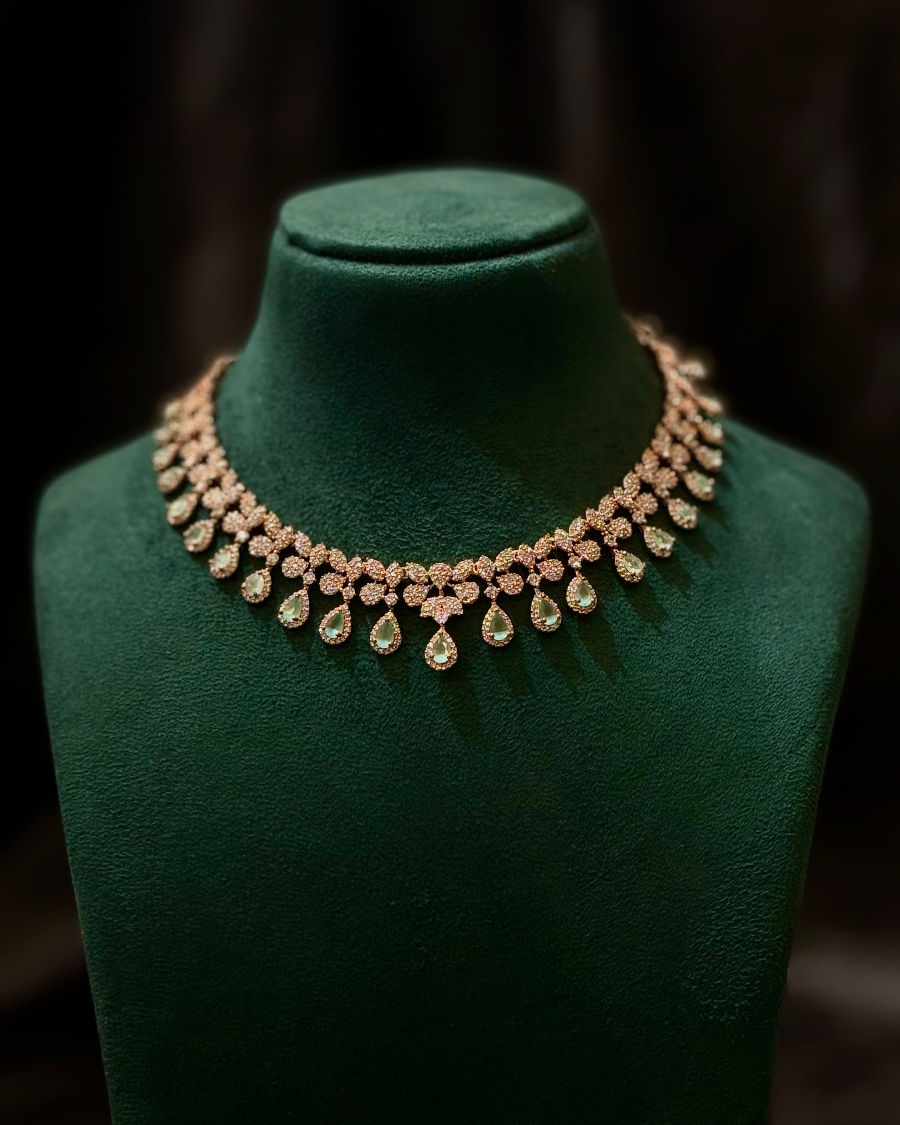 Rose Gold Finish Mint Green Stone Necklace Set with Matching Earrings | L9692