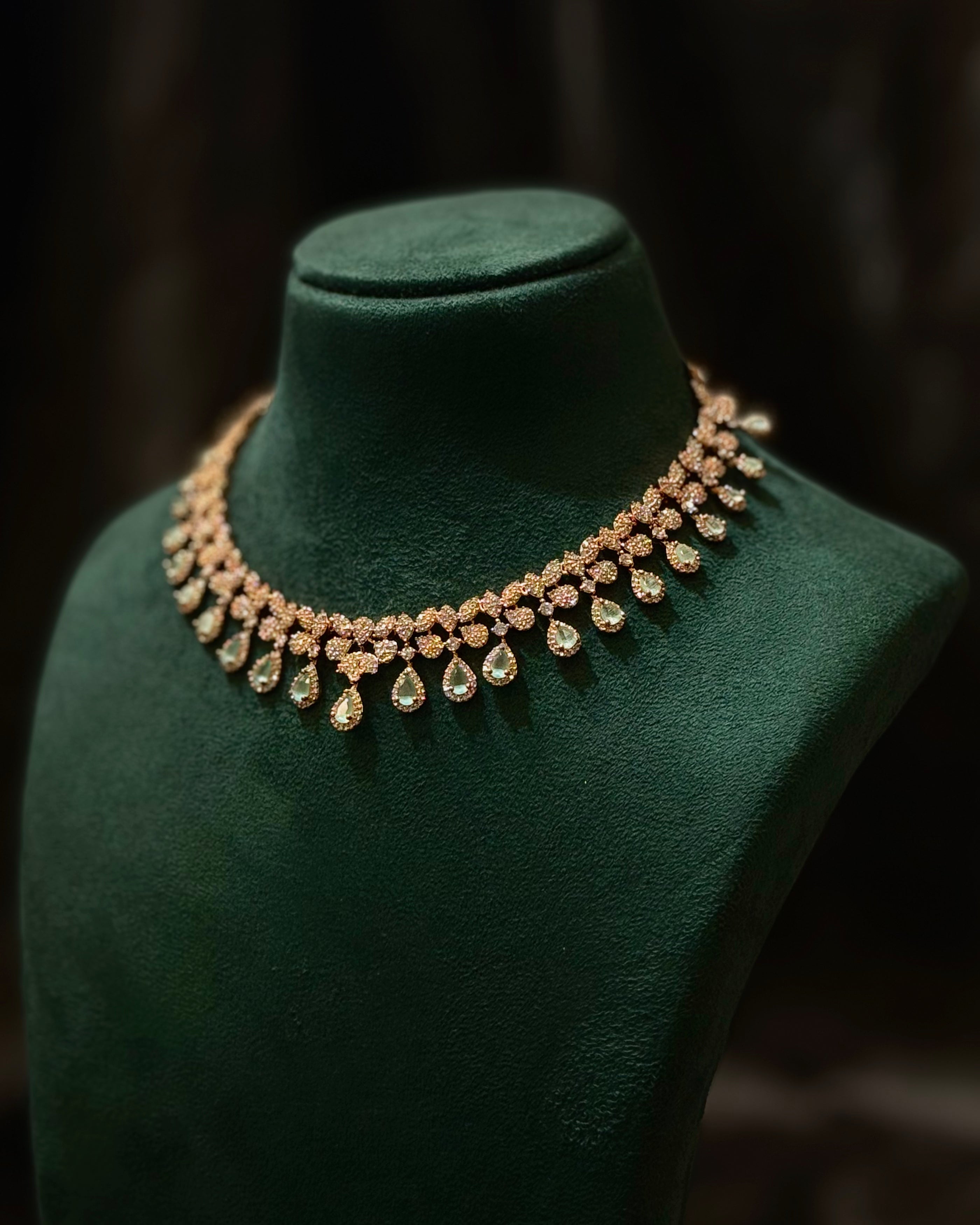 Rose Gold Finish Mint Green Stone Necklace Set with Matching Earrings | L9692