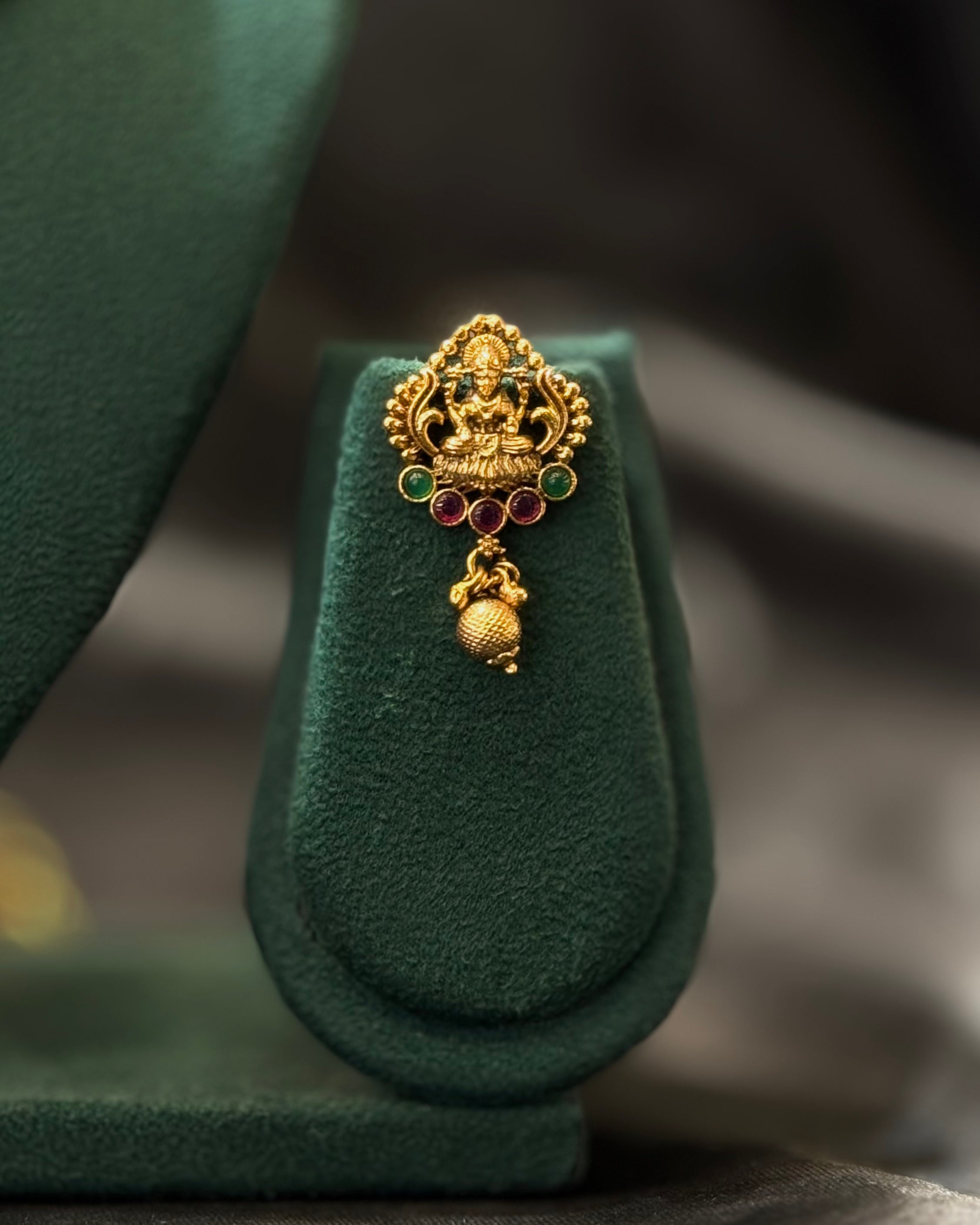 Antique Gold Plated Lakshmi Temple Necklace Set with Ruby & Green Stone Pendant and Matching Earrings | L9784