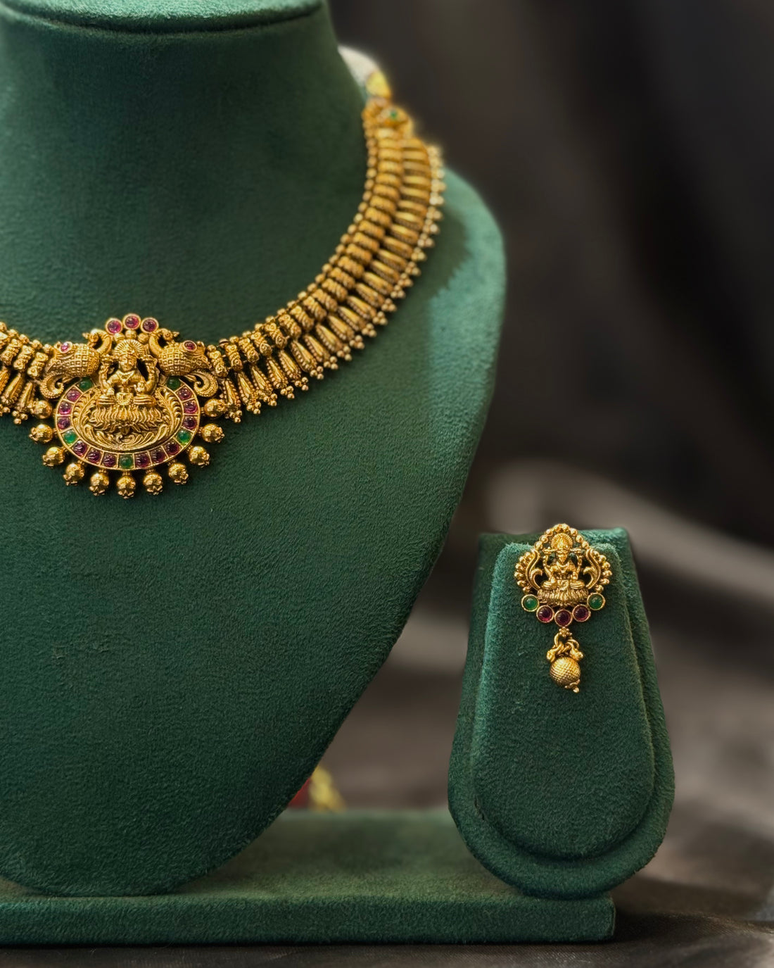 Antique Gold Plated Lakshmi Temple Necklace Set with Ruby & Green Stone Pendant and Matching Earrings | L9784