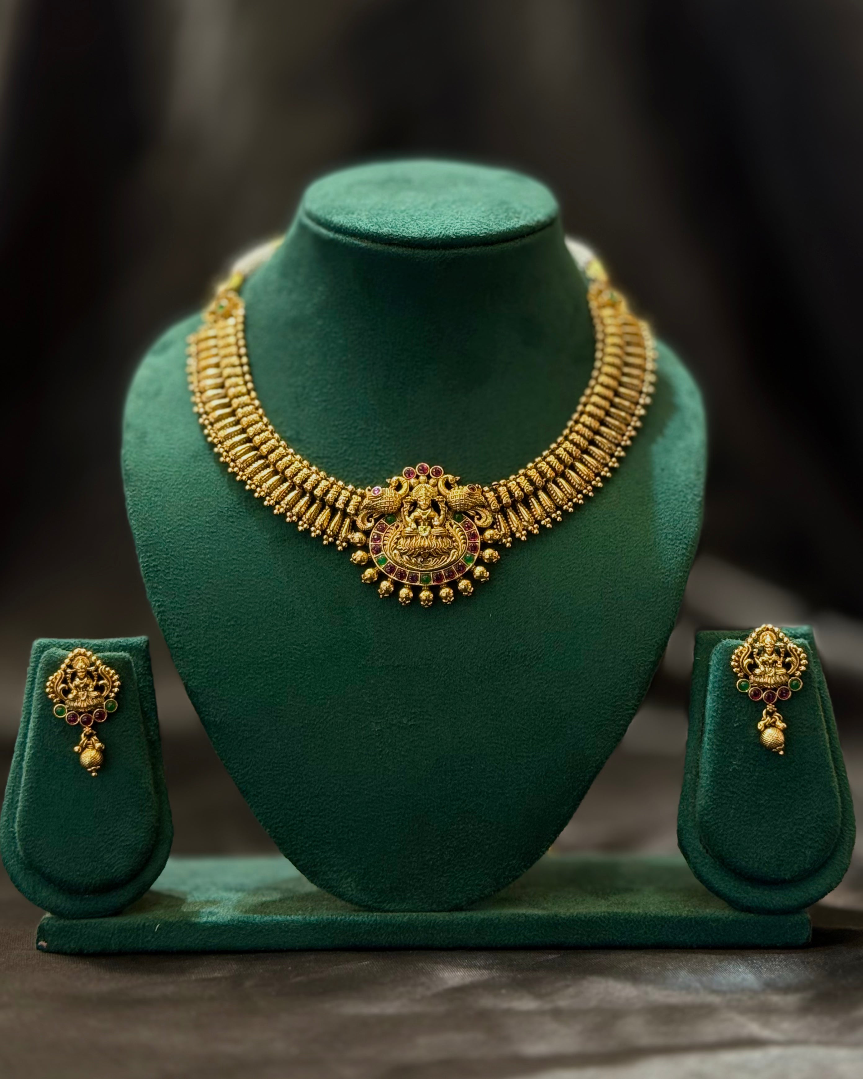 Antique Gold Plated Lakshmi Temple Necklace Set with Ruby & Green Stone Pendant and Matching Earrings | L9784