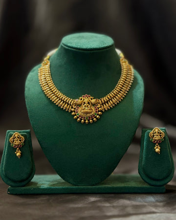 Antique Gold Plated Lakshmi Temple Necklace Set with Ruby & Green Stone Pendant and Matching Earrings | L9784