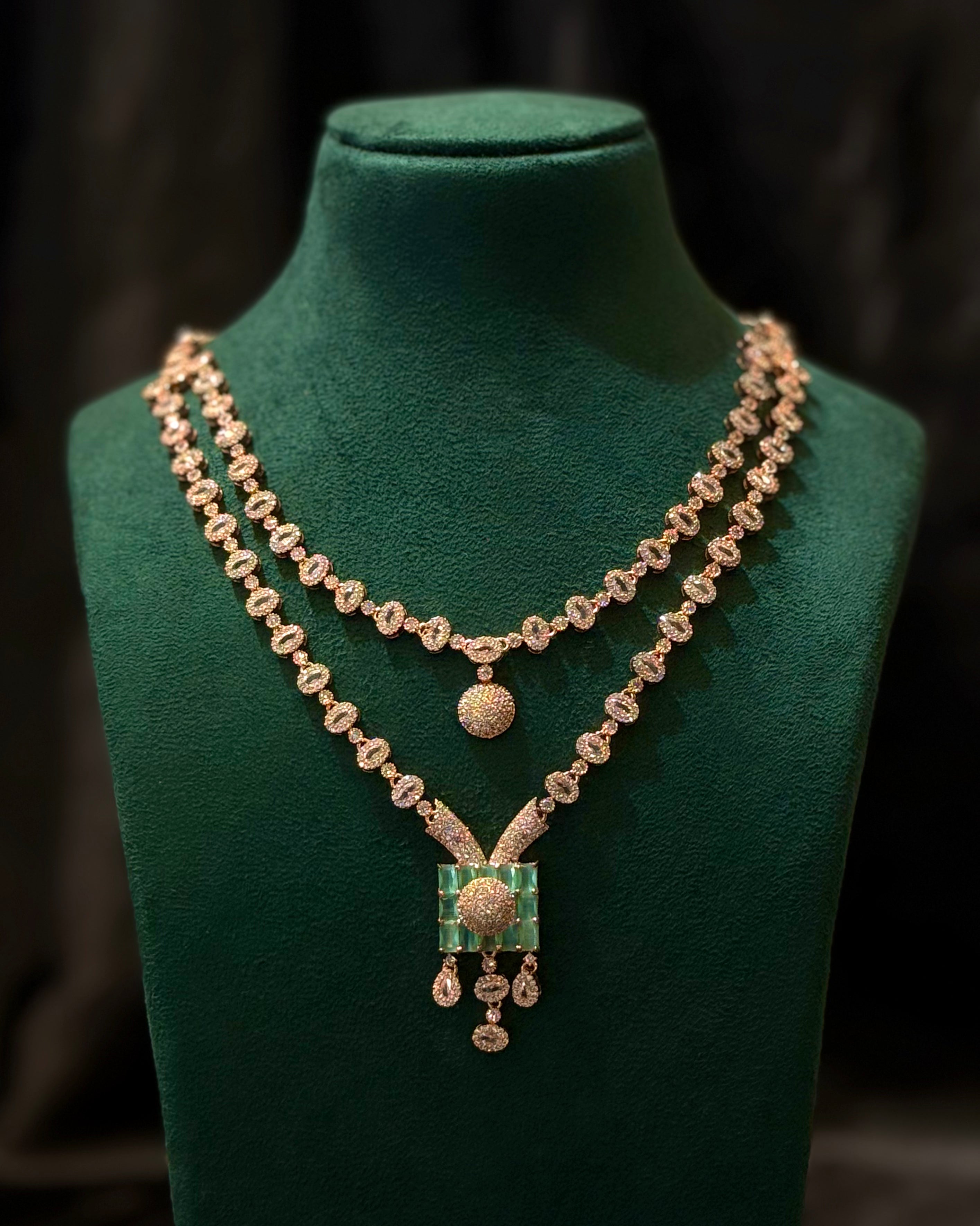 Rose Gold Finish Double Layer Necklace Set with Green Stone Pendant | L9814